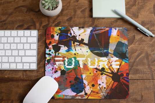 Modern graphic abstract art mousepad with vibrant colors and text for stylish desk decor