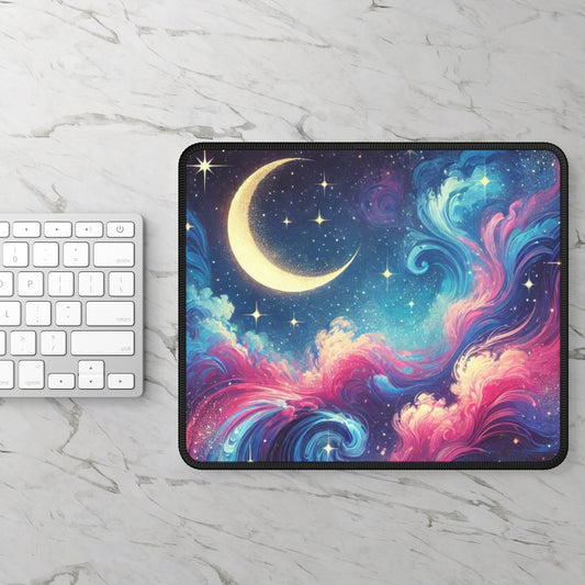 Moon dust gaming mouse pad with colorful cosmic swirl design and crescent moon on marble desk