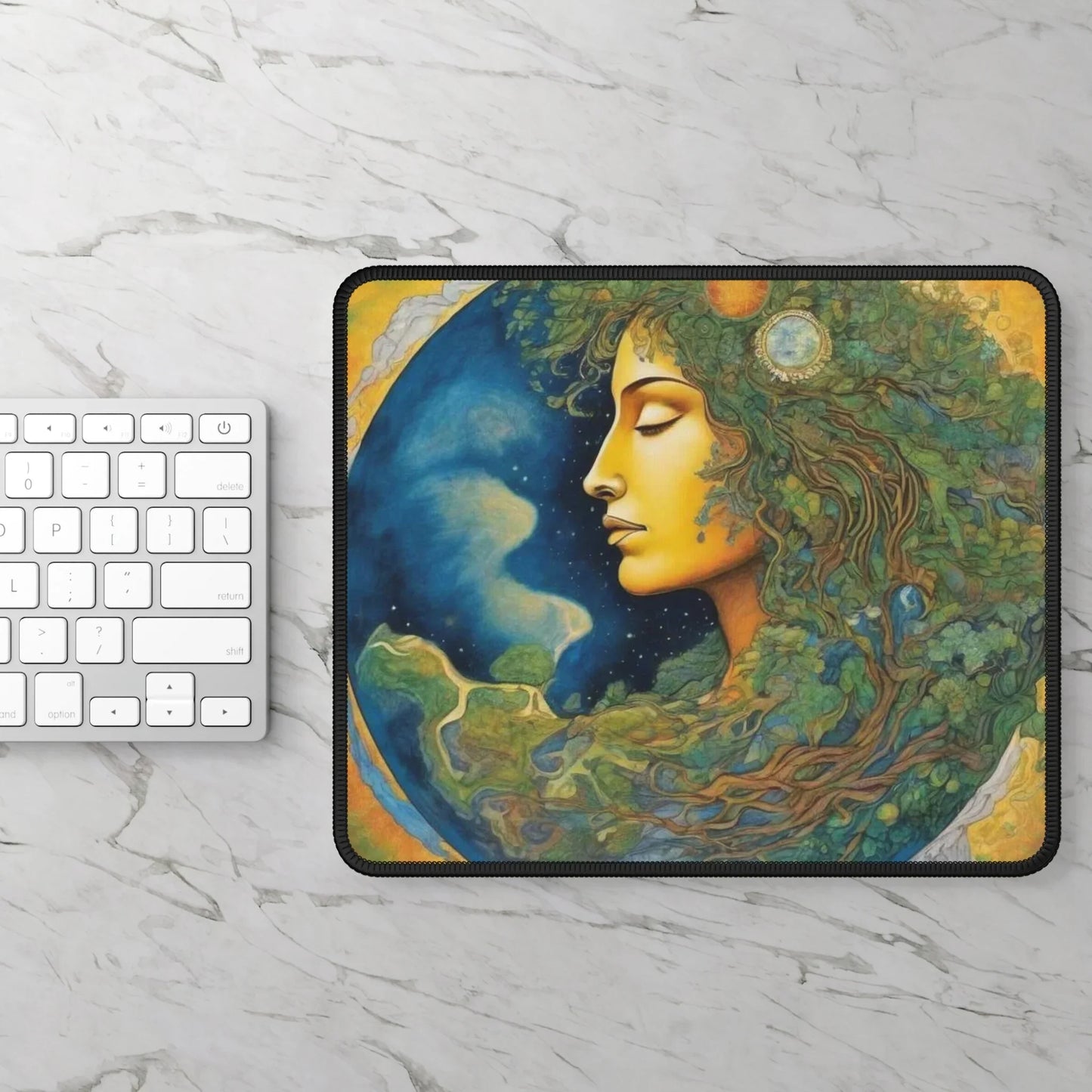 Mother Nature gaming mouse pad featuring artistic nature-inspired design with a woman profile and vibrant earth tones
