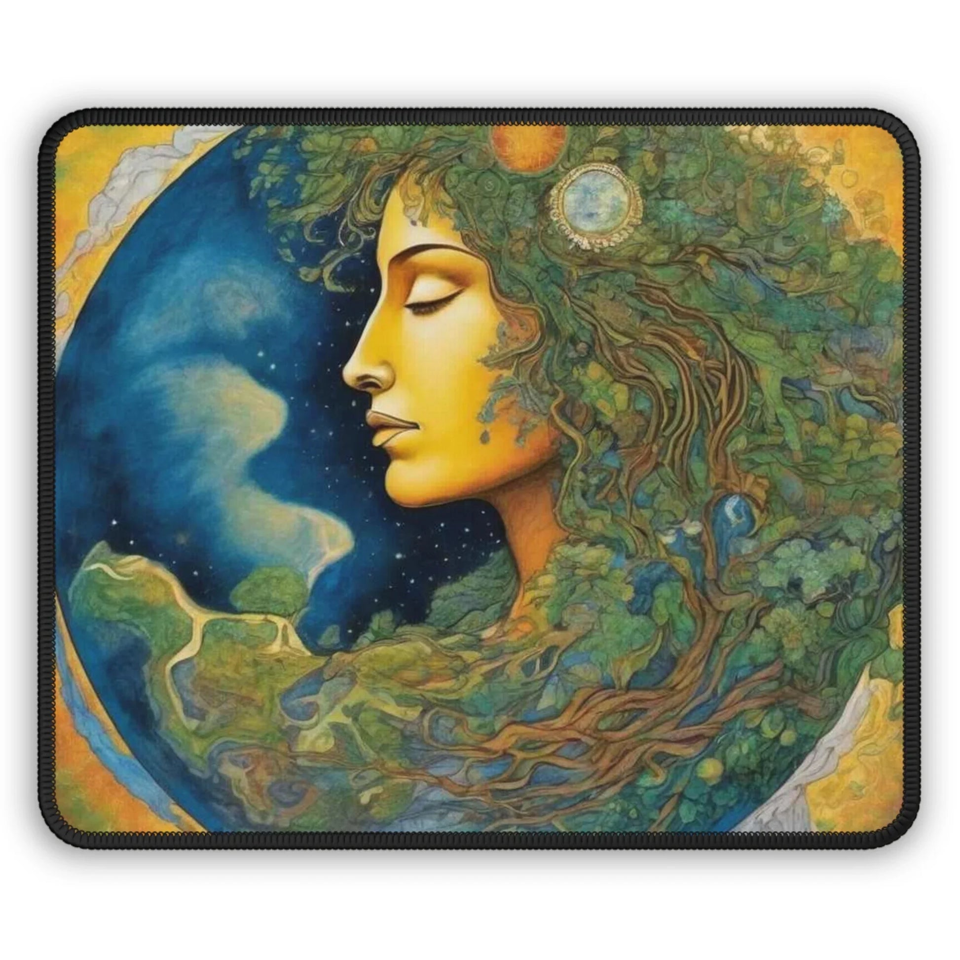 Mother Nature gaming mouse pad featuring a detailed artistic design of a woman face blending with nature and earth elements