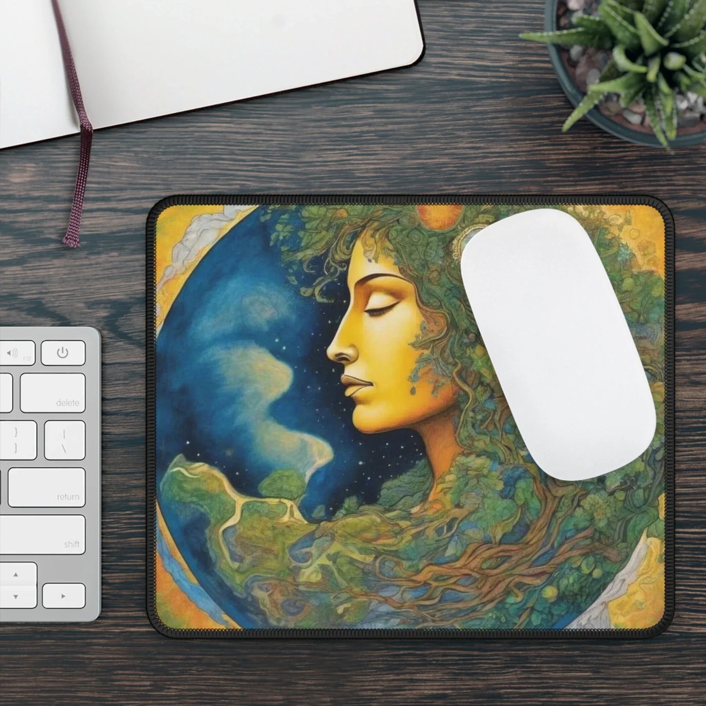 Mother Nature gaming mouse pad with artistic earth and woman nature design on wooden desk