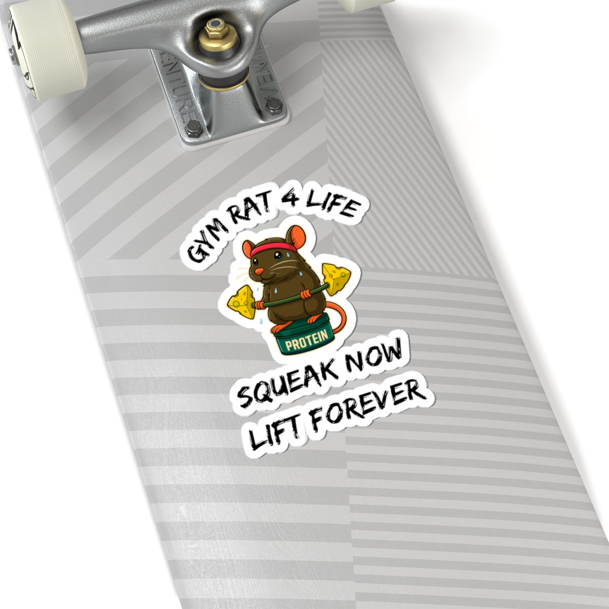 Printify gym rat stickers featuring cartoon rat lifting dumbbells on skateboard deck motivational fitness decal