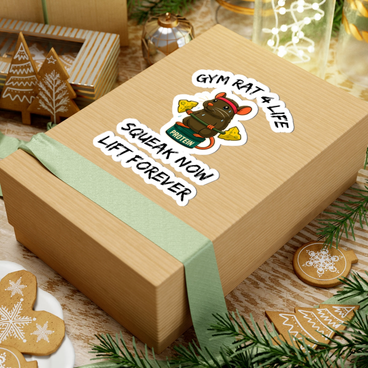 Printify paper gift box with gym rat stickers showing cartoon weightlifting rat and festive holiday decor