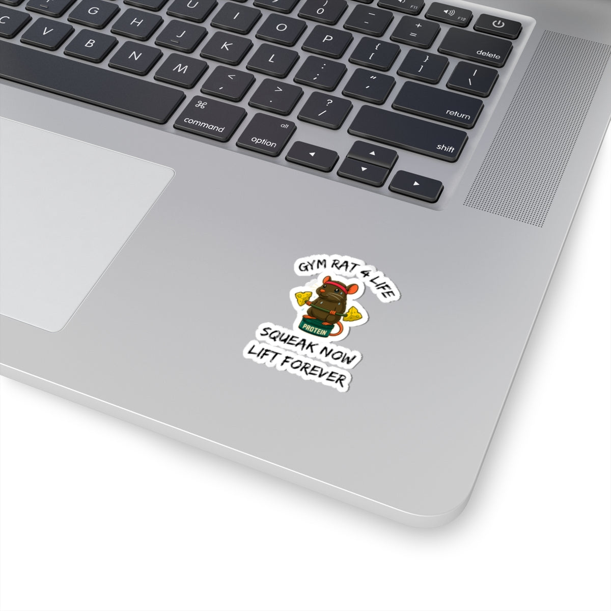 Printify gym rat stickers on a silver laptop featuring a cartoon rat lifting dumbbells with Gym Rat 4 Life text