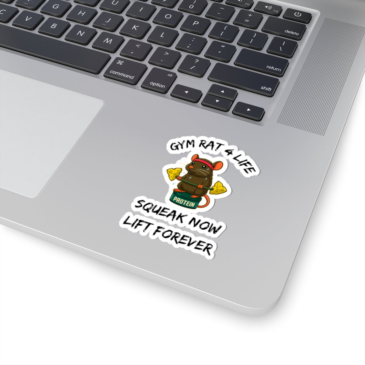 Printify gym rat stickers on laptop showing cartoon weightlifting rat with dumbbells and protein cup decal