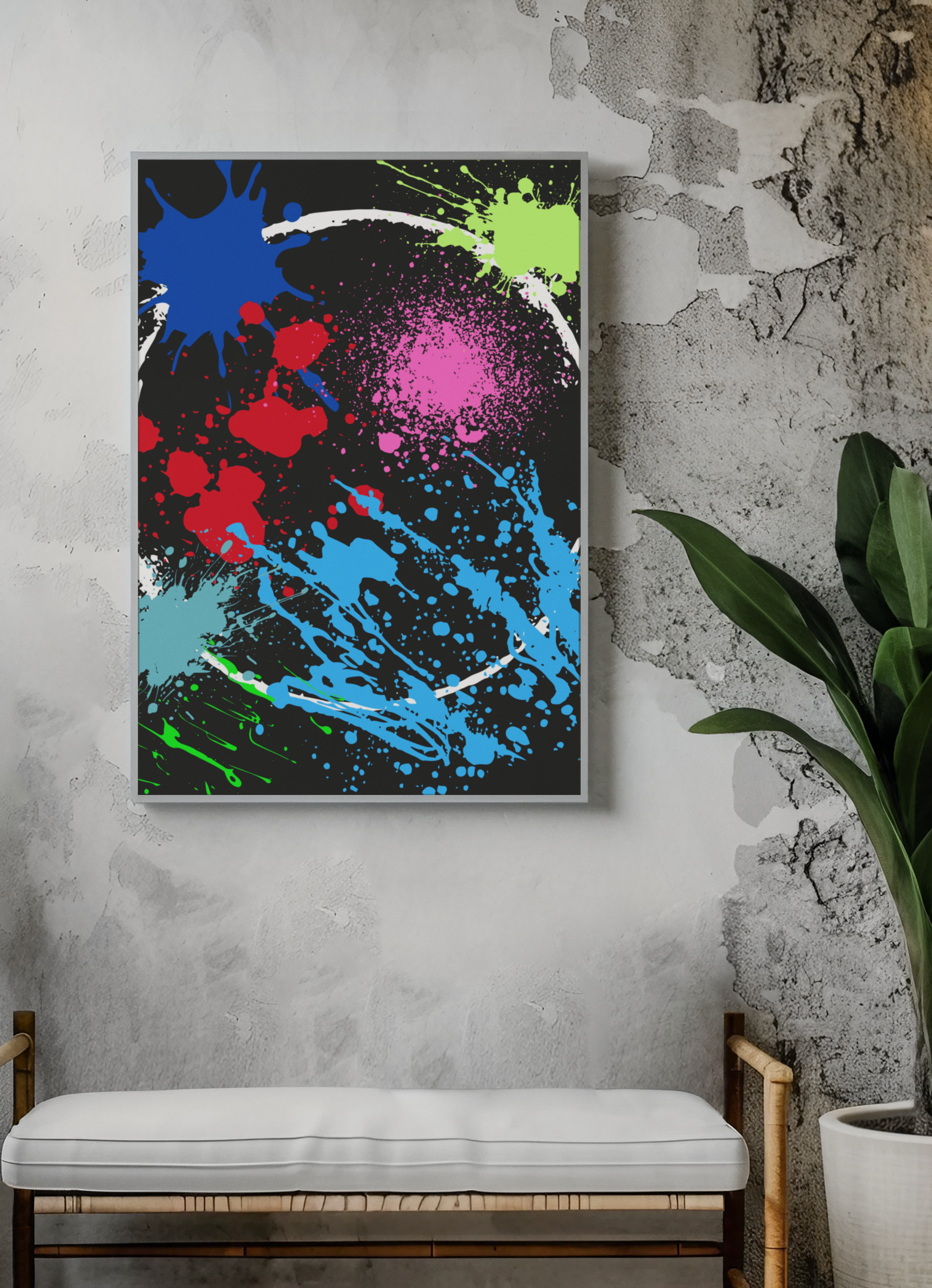 Printify neon eclipse abstract canvas wall art with colorful splatter design on black background