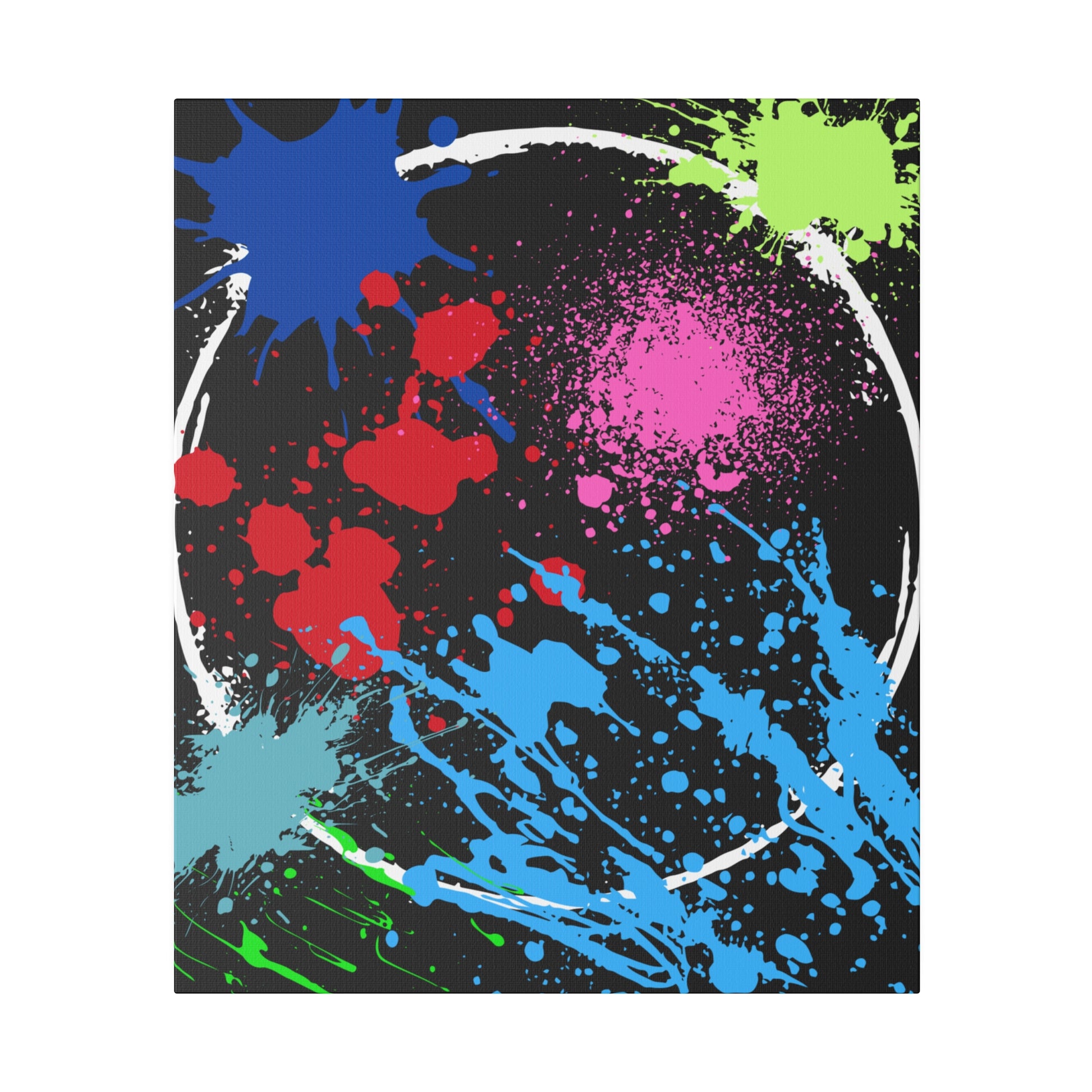 Printify neon eclipse abstract canvas wall art with colorful paint splatters on black background