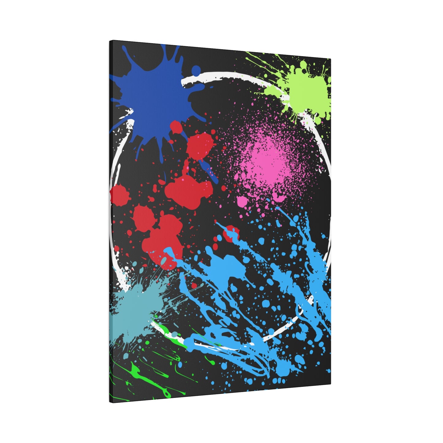 Neon eclipse abstract canvas wall art with colorful paint splashes on black background by Printify