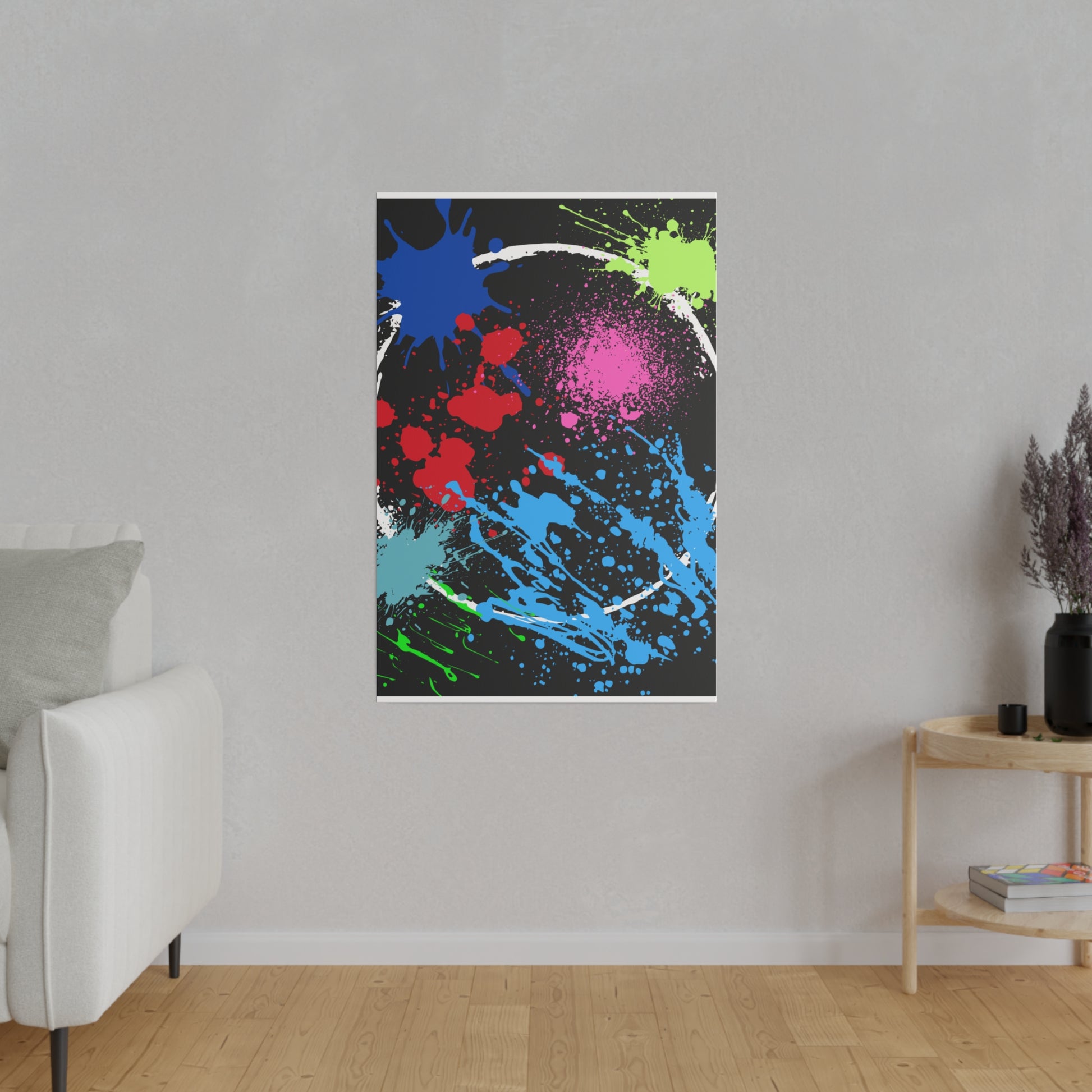 Neon eclipse abstract canvas wall art with colorful paint splatter design by Printify on a gray wall