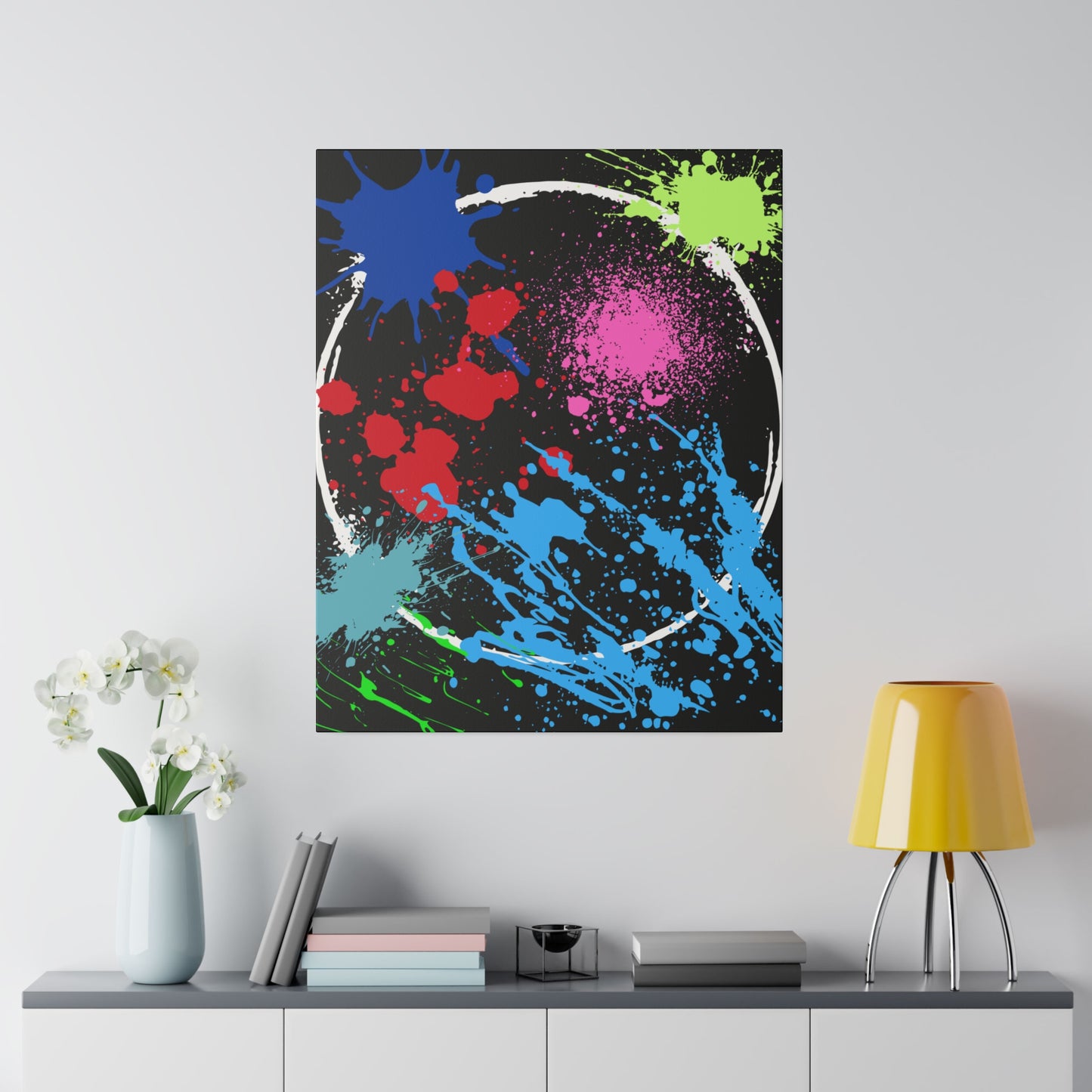 Neon eclipse abstract canvas wall art with colorful splatter paint on black background by Printify