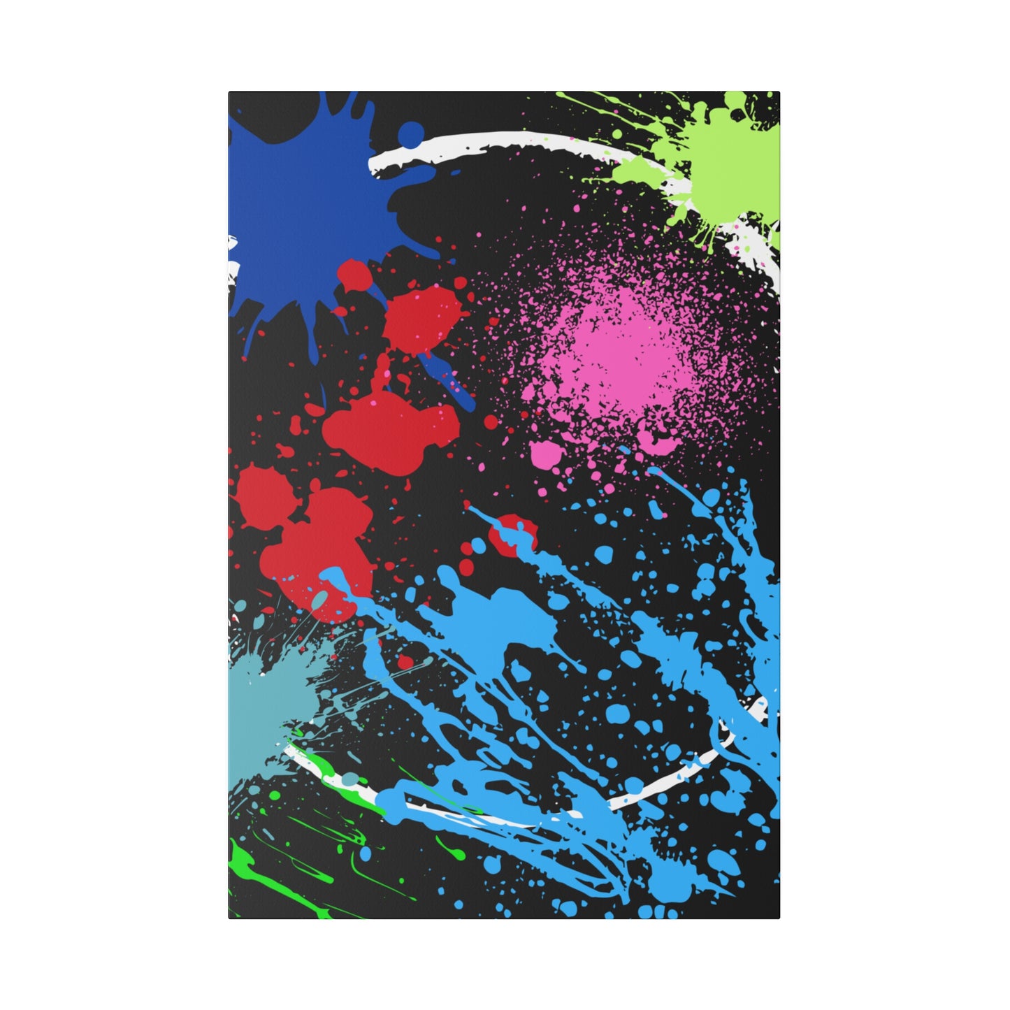 Neon eclipse abstract canvas wall art with colorful splatter paint design on black background