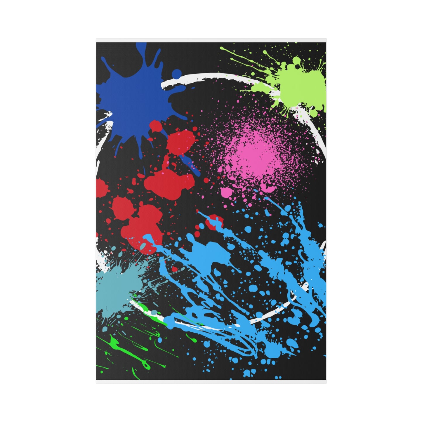 Neon eclipse abstract canvas wall art with vibrant paint splashes on a black background by Printify