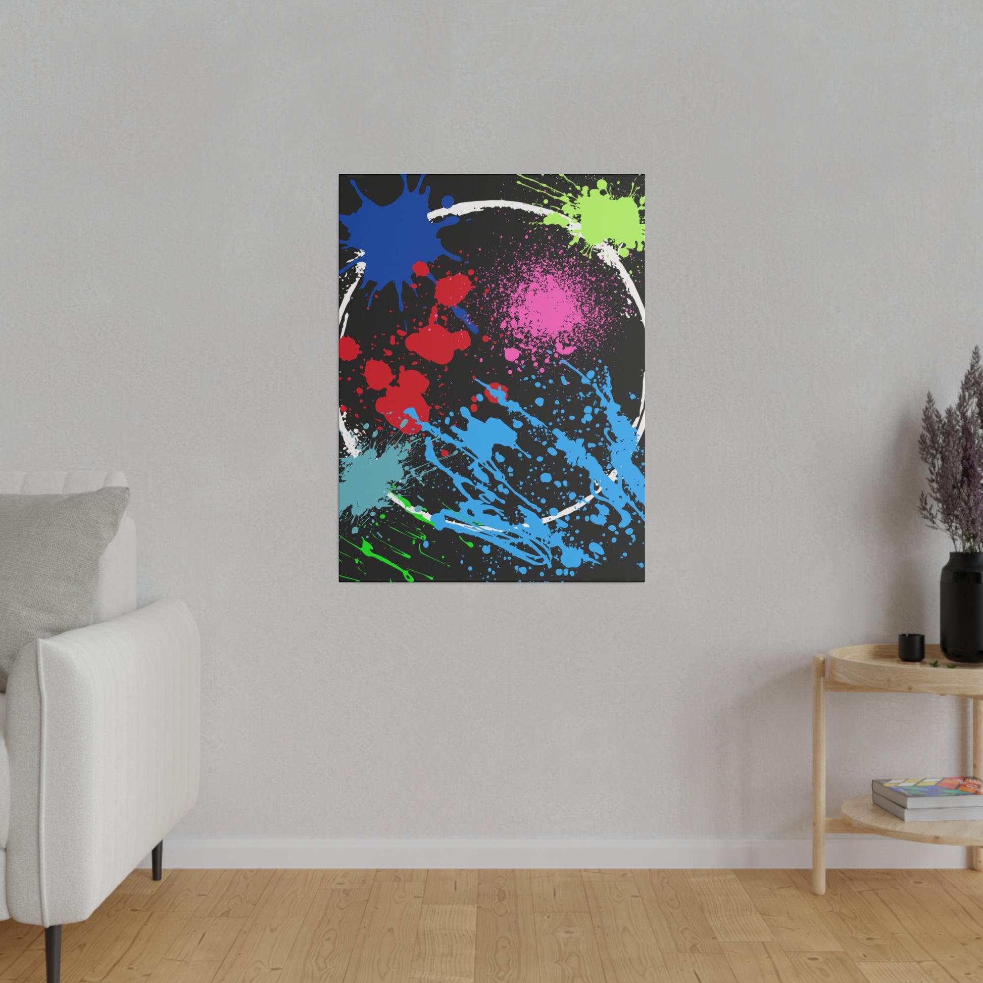 Neon eclipse abstract canvas wall art with vibrant splashes of blue red green and pink on black background