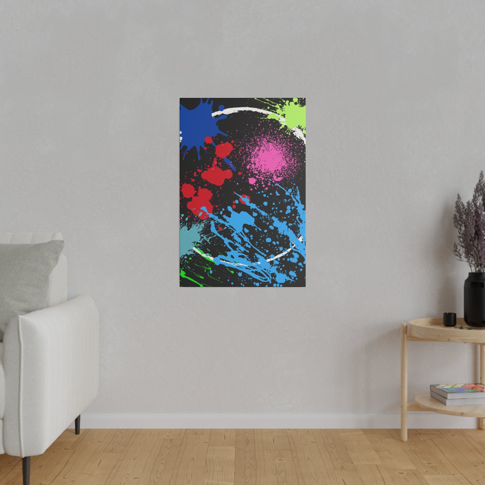 Printify neon eclipse abstract canvas wall art with vibrant blue green and red paint splatters on black background