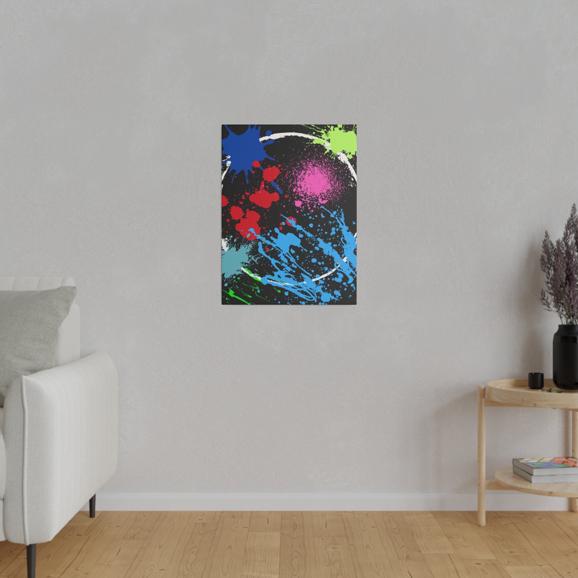 Neon eclipse abstract canvas wall art with vibrant splashes of blue red green and purple on black background