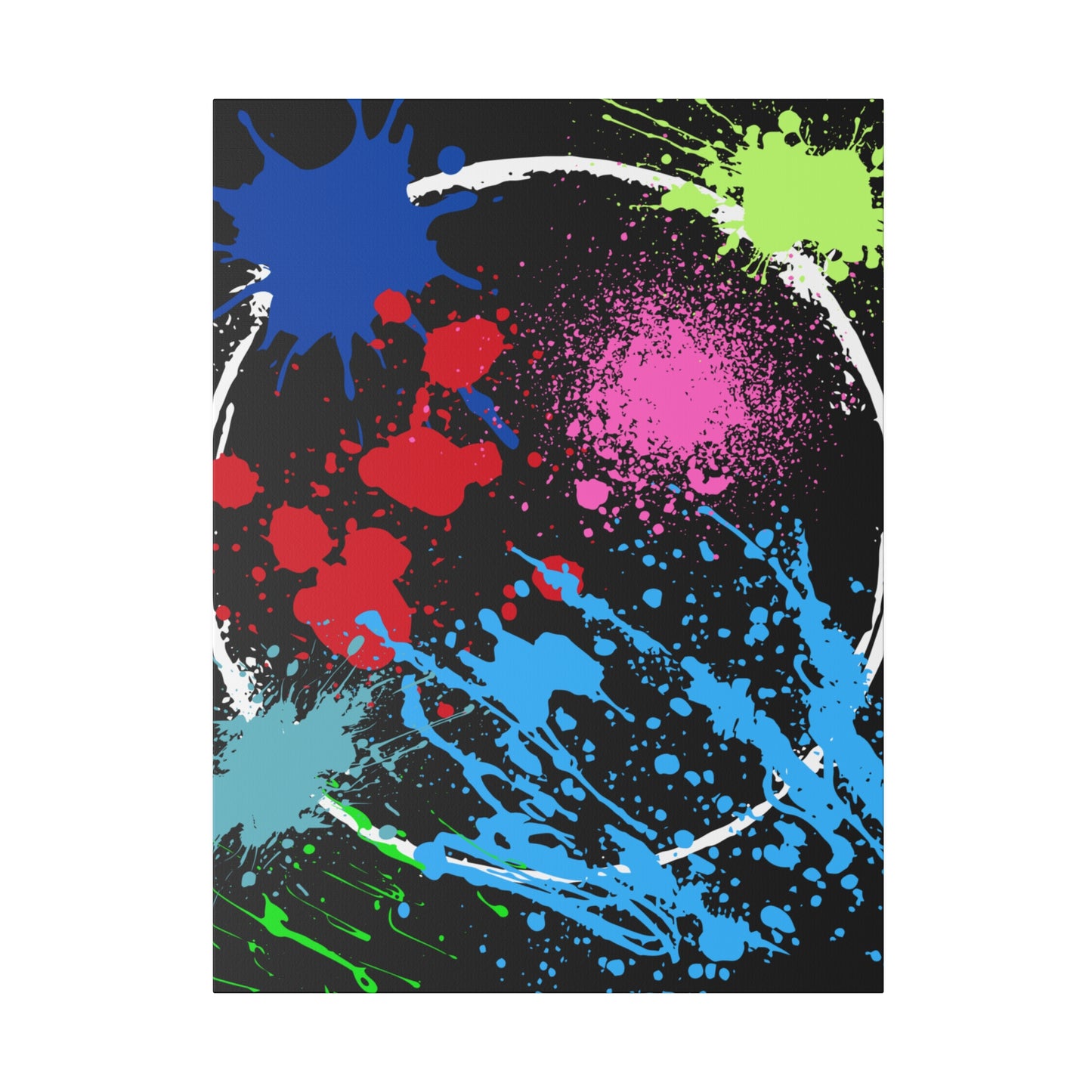 Neon eclipse abstract canvas wall art by Printify featuring colorful paint splatters on black background