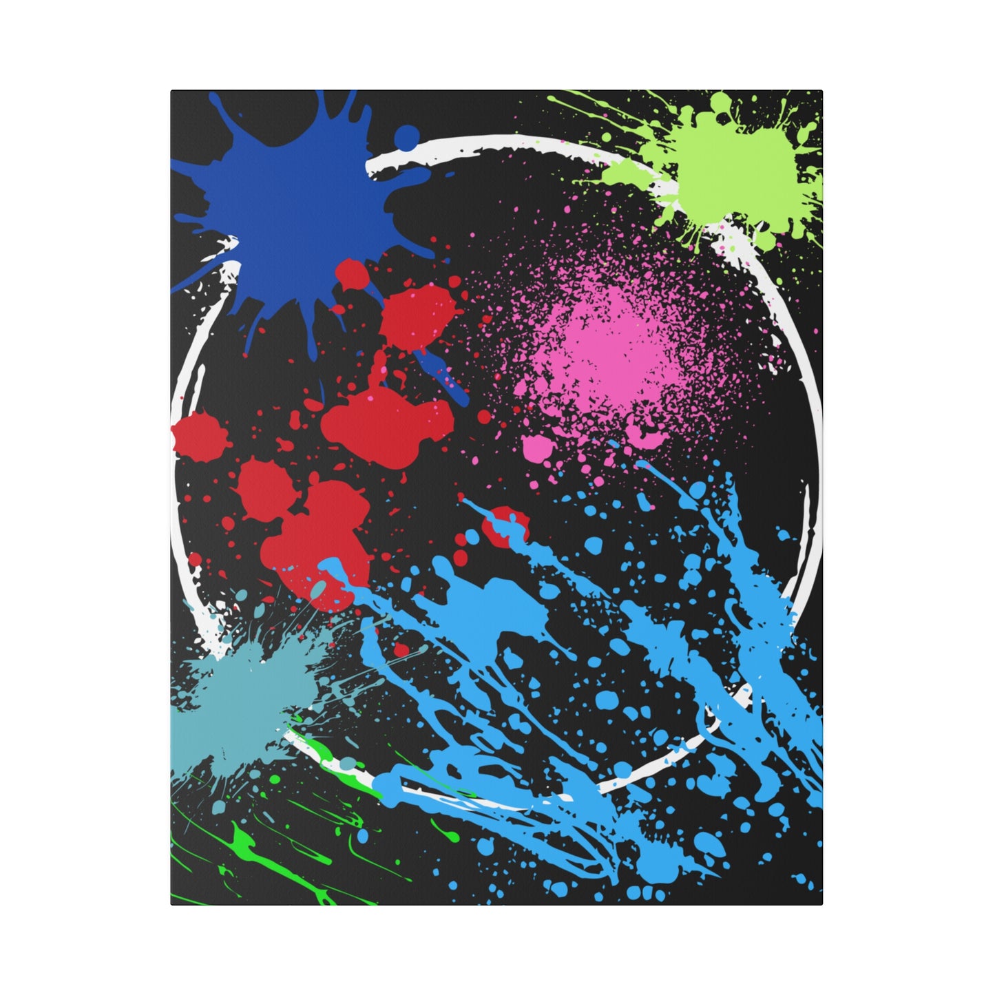 Neon eclipse abstract canvas wall art with colorful paint splatters on black background