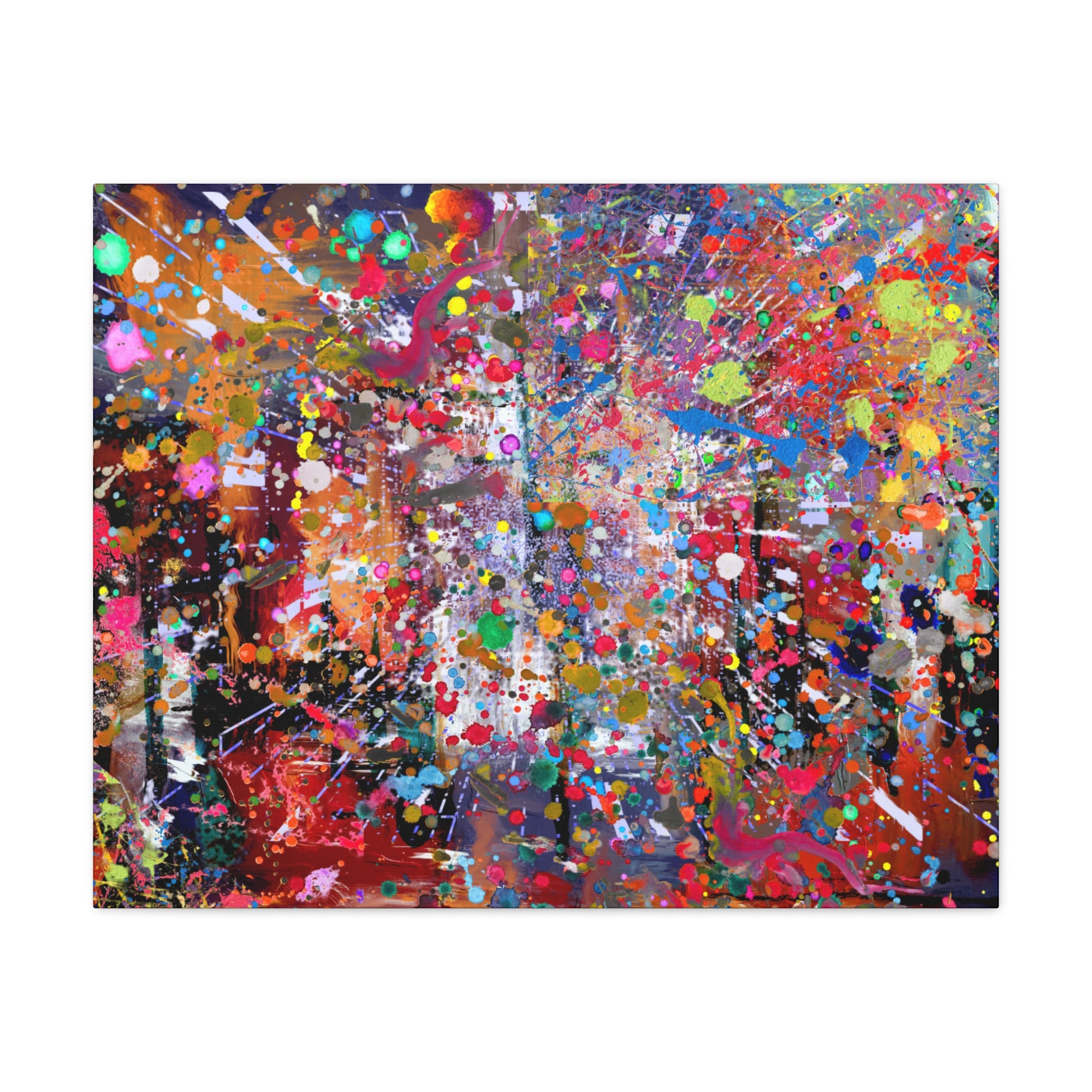 Vibrant neon explosion abstract art canvas print with colorful splatters and dynamic patterns
