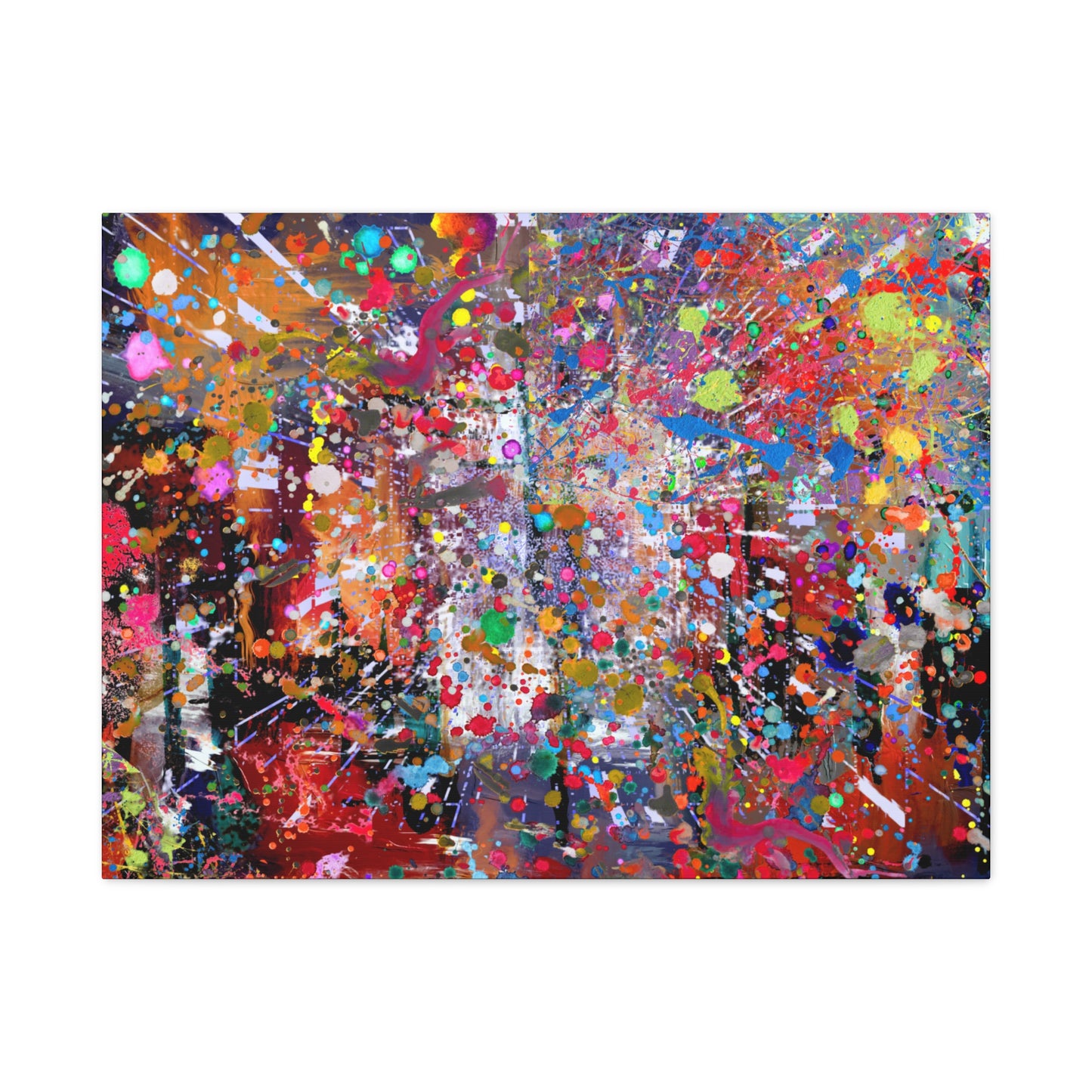 Colorful neon explosion abstract art canvas print with vibrant splashes and dynamic patterns.