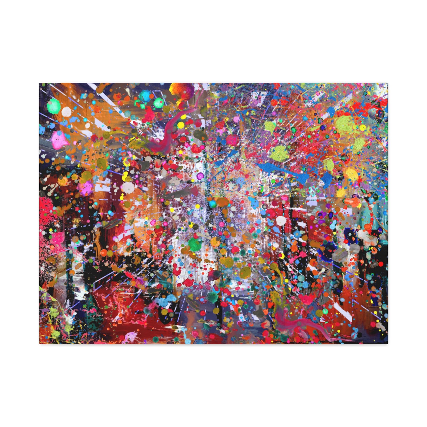 Colorful neon explosion abstract art canvas print with vibrant splatters and dynamic patterns