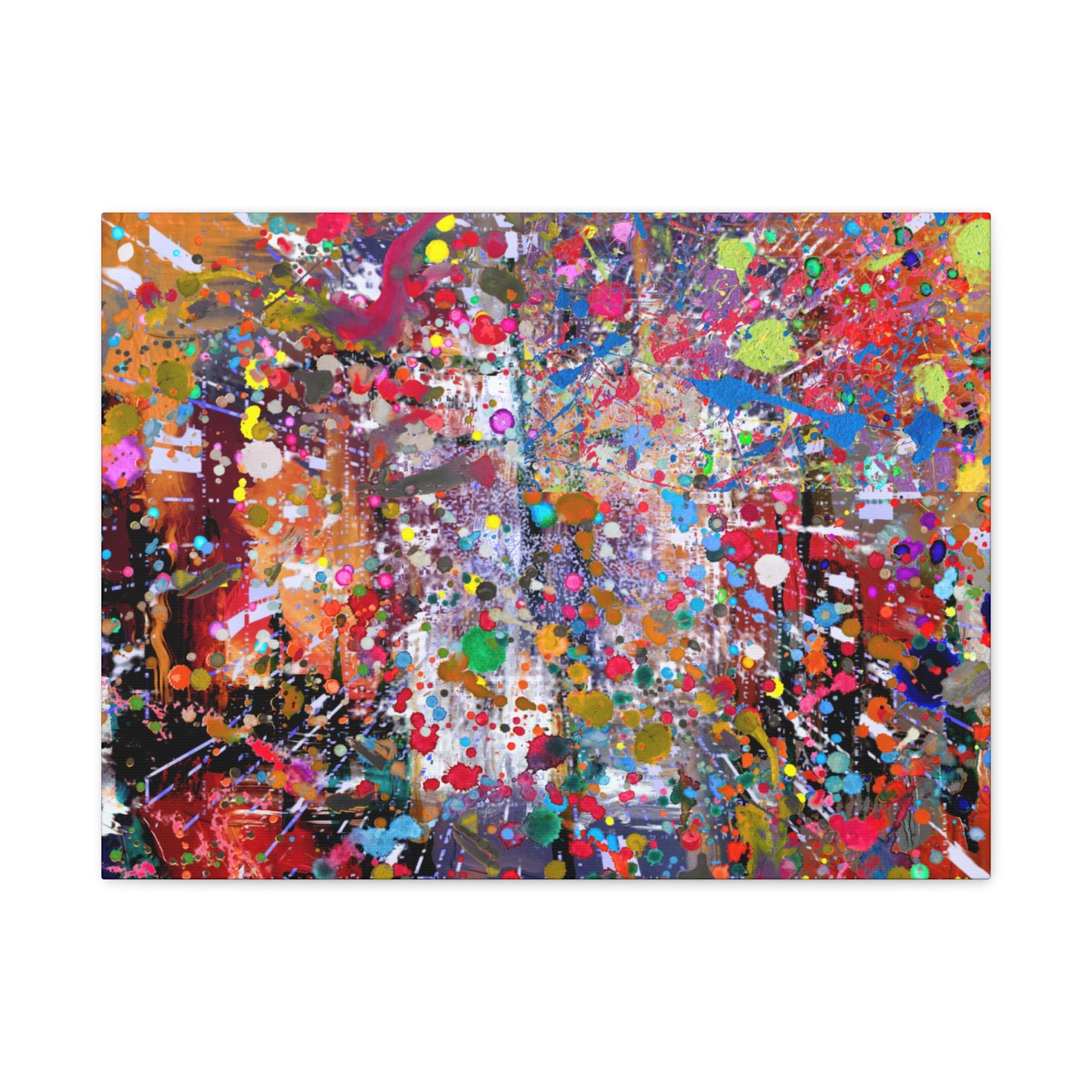 A Vibrant neon explosion abstract art canvas print with colorful splashes and dynamic patterns.