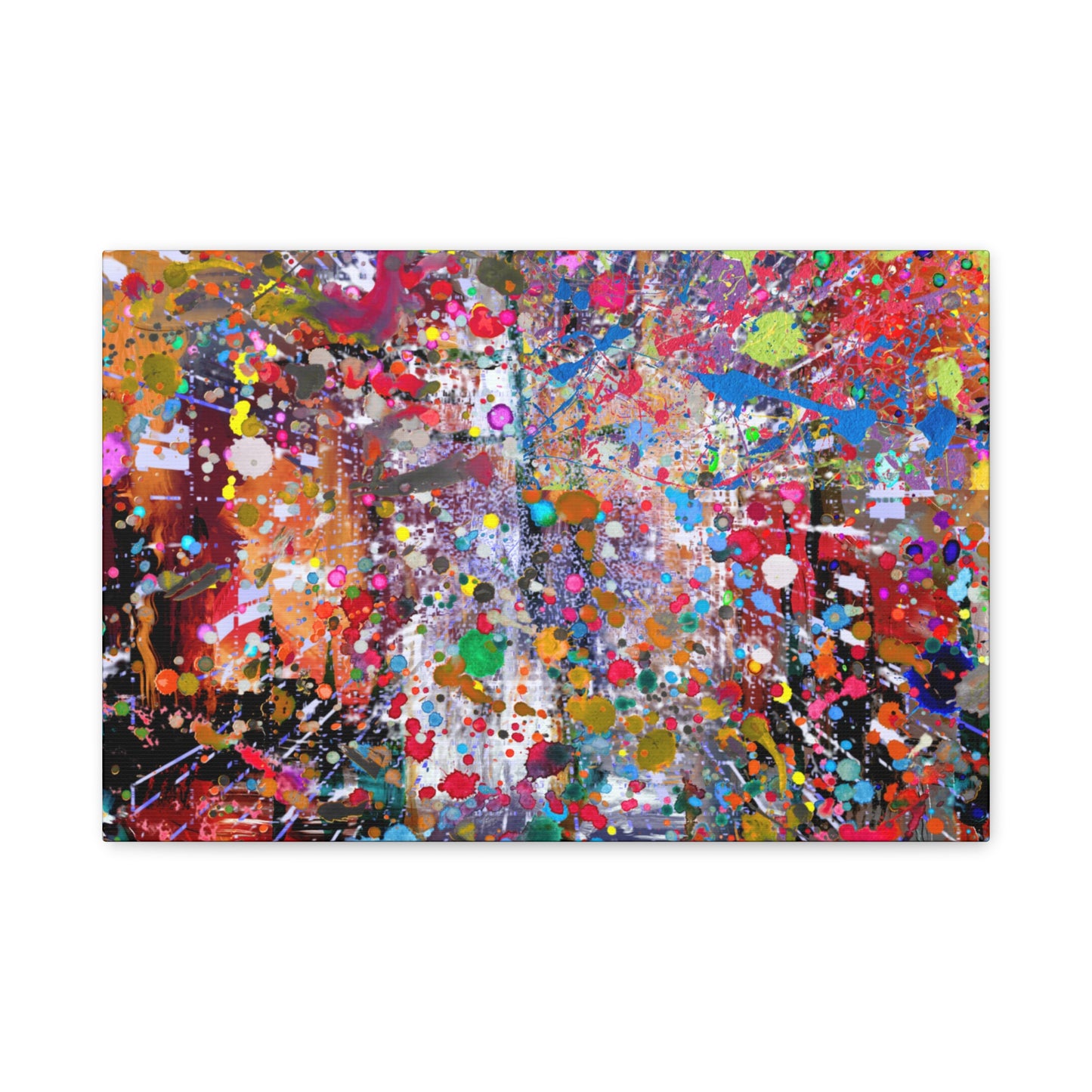 Vibrant neon explosion abstract art canvas print with colorful splashes and dynamic patterns.