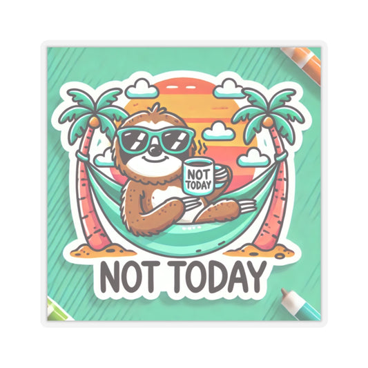 Printify not today funny sloth sticker featuring a relaxed sloth in sunglasses holding a coffee mug in a hammock
