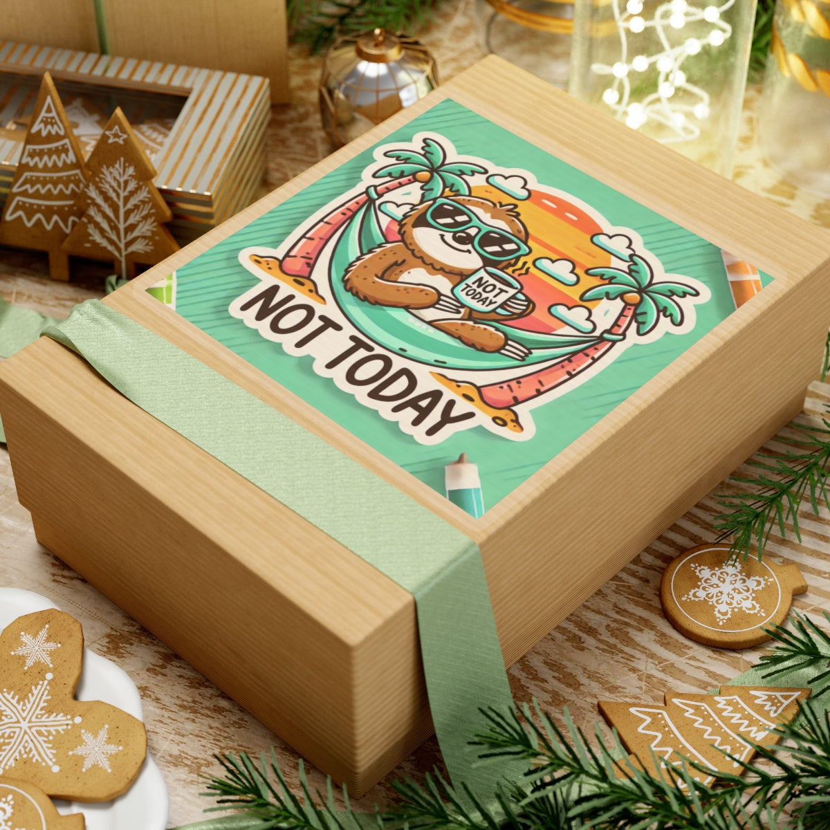 Printify paper product gift box featuring a not today funny sloth sticker with sunglasses and tropical design