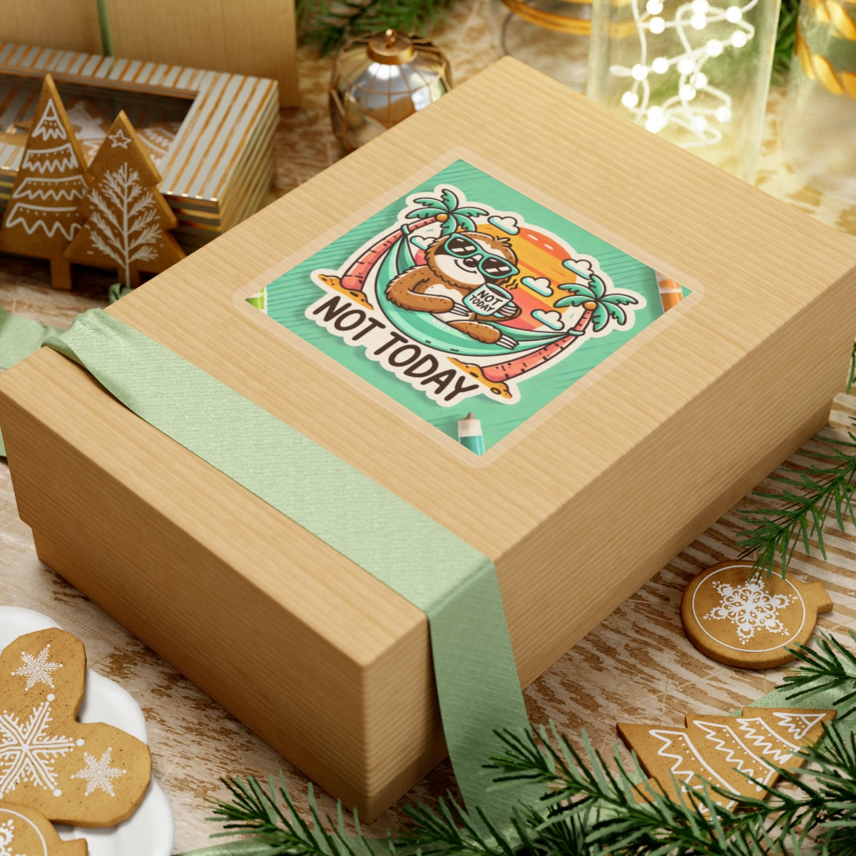Not today funny sloth sticker on a brown gift box with green ribbon surrounded by holiday decor