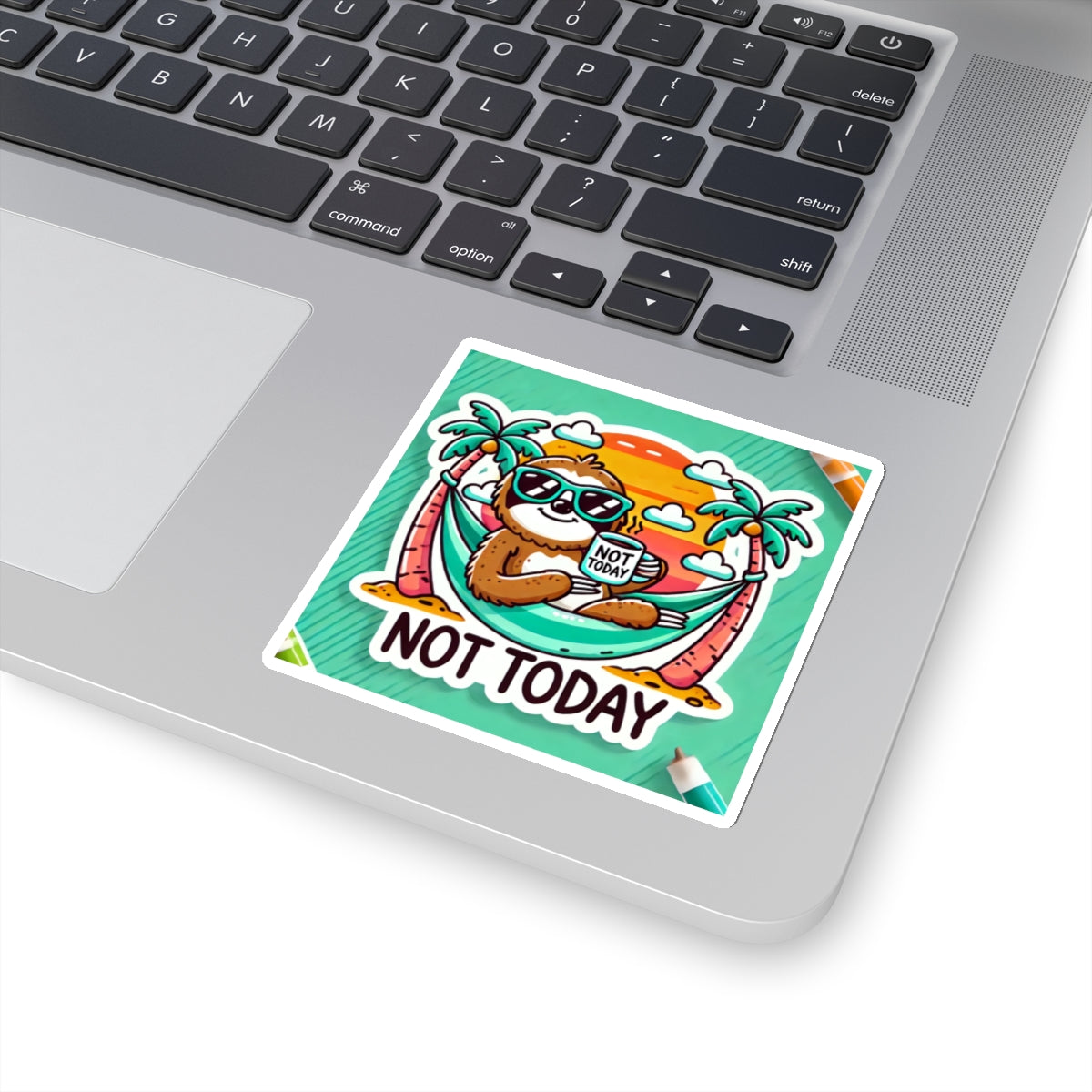 Not today funny sloth sticker showing a relaxed sloth in sunglasses on a hammock between palm trees