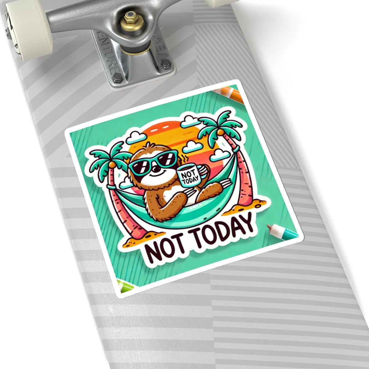 Not today funny sloth sticker with sloth relaxing in hammock between palm trees on skateboard