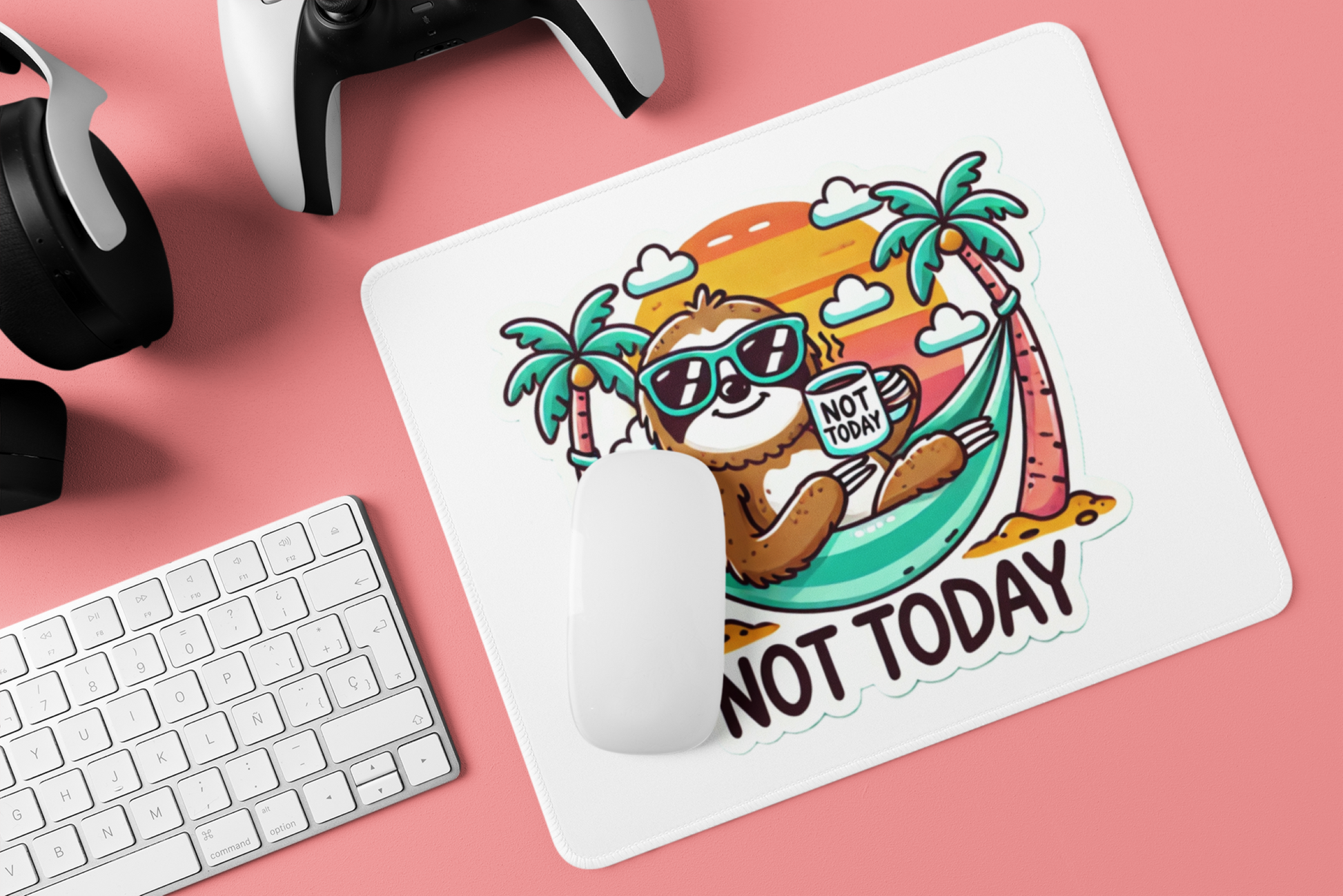 Printify not today sloth meme mouse pad with cartoon sloth holding a sign on beach background