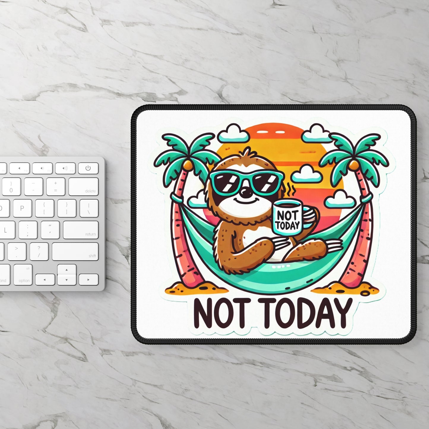 Printify home decor not today sloth meme mouse pad with cartoon sloth in hammock holding coffee cup