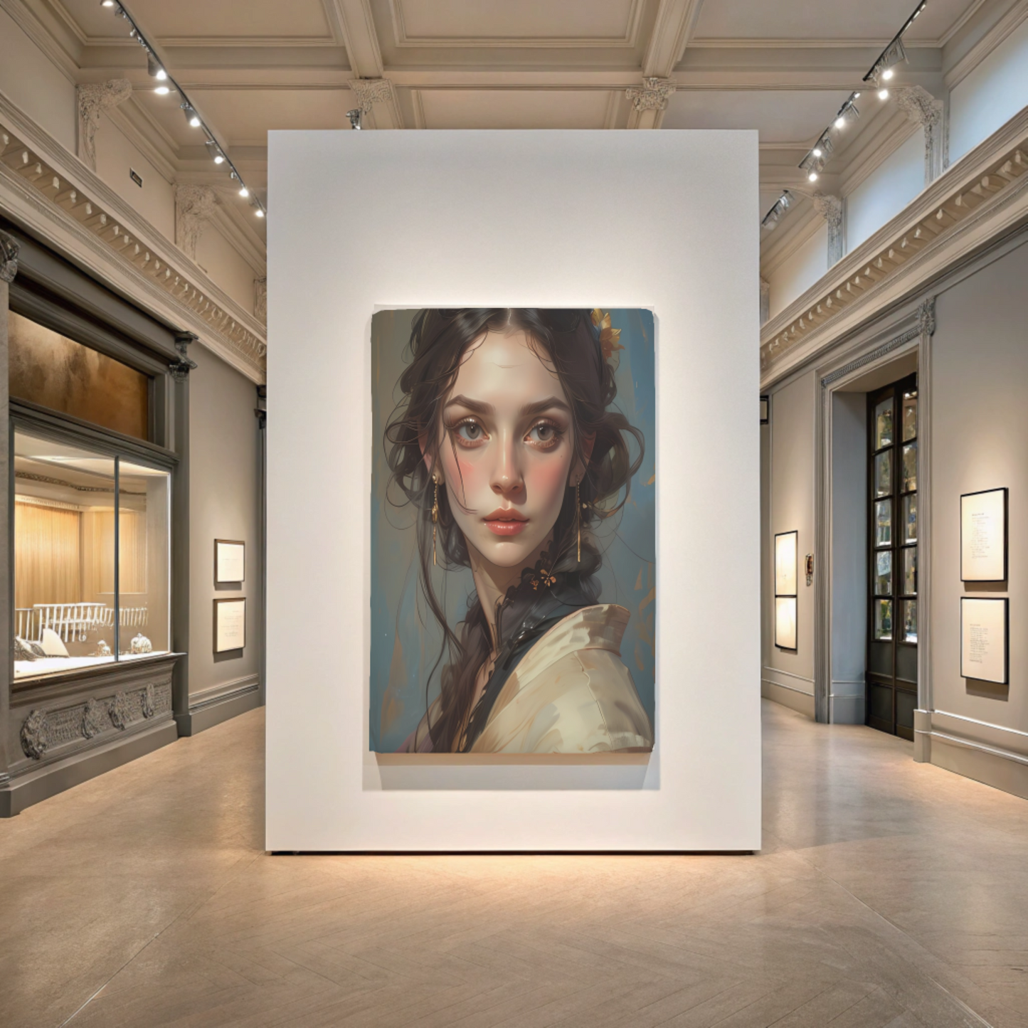 The Canvas Print | Classical Women Headshot Painting from Printify features a detailed portrait of a young woman, elegantly displayed on custom canvas in a bright, sophisticated art gallery.