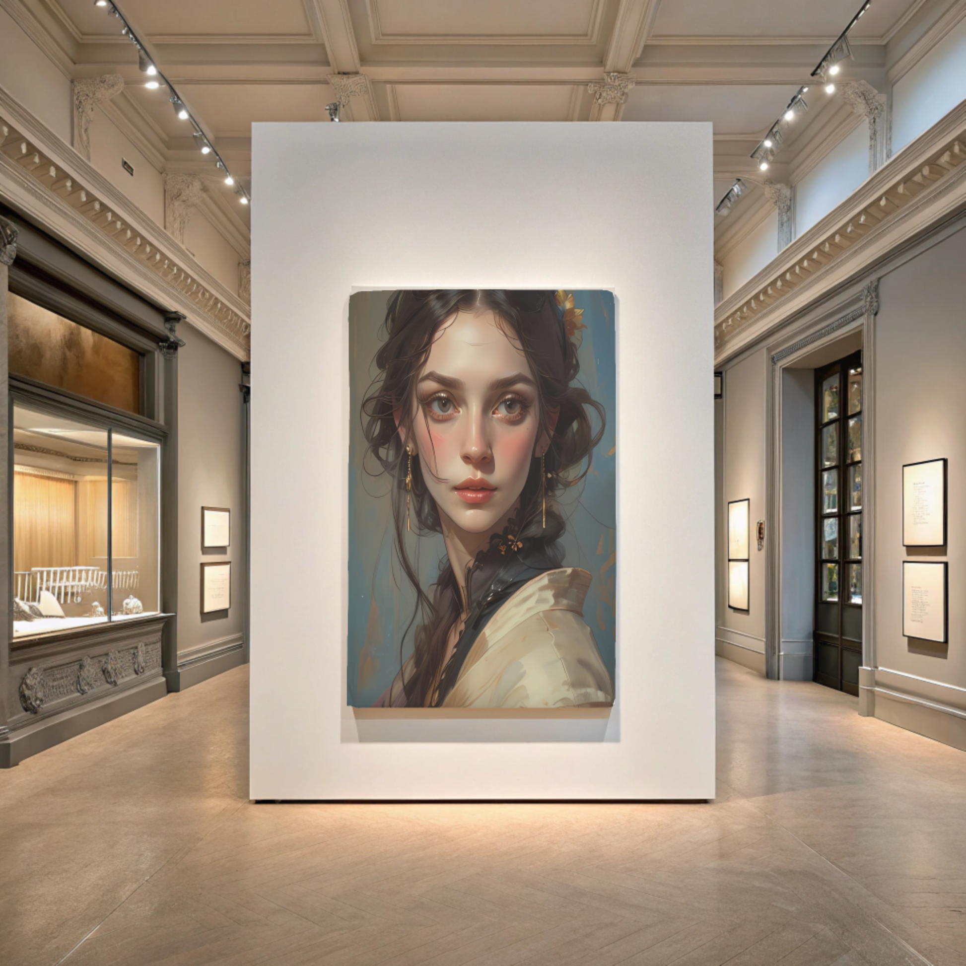 The Canvas Print | Classical Women Headshot Painting from Printify features a detailed portrait of a young woman, elegantly displayed on custom canvas in a bright, sophisticated art gallery.