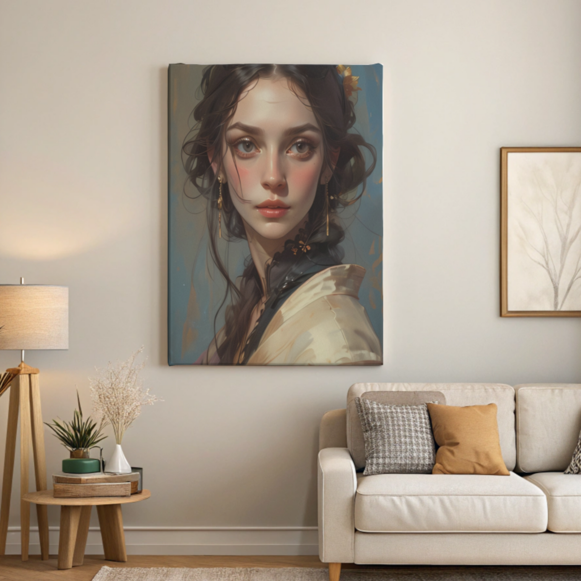 A cozy living room features a beige sofa, floor lamp, and a Printify Canvas Print titled Classical Women Headshot Painting showing a woman with long dark hair. Light walls, wooden flooring, and a small plant on the side table add subtle charm to the serene space.