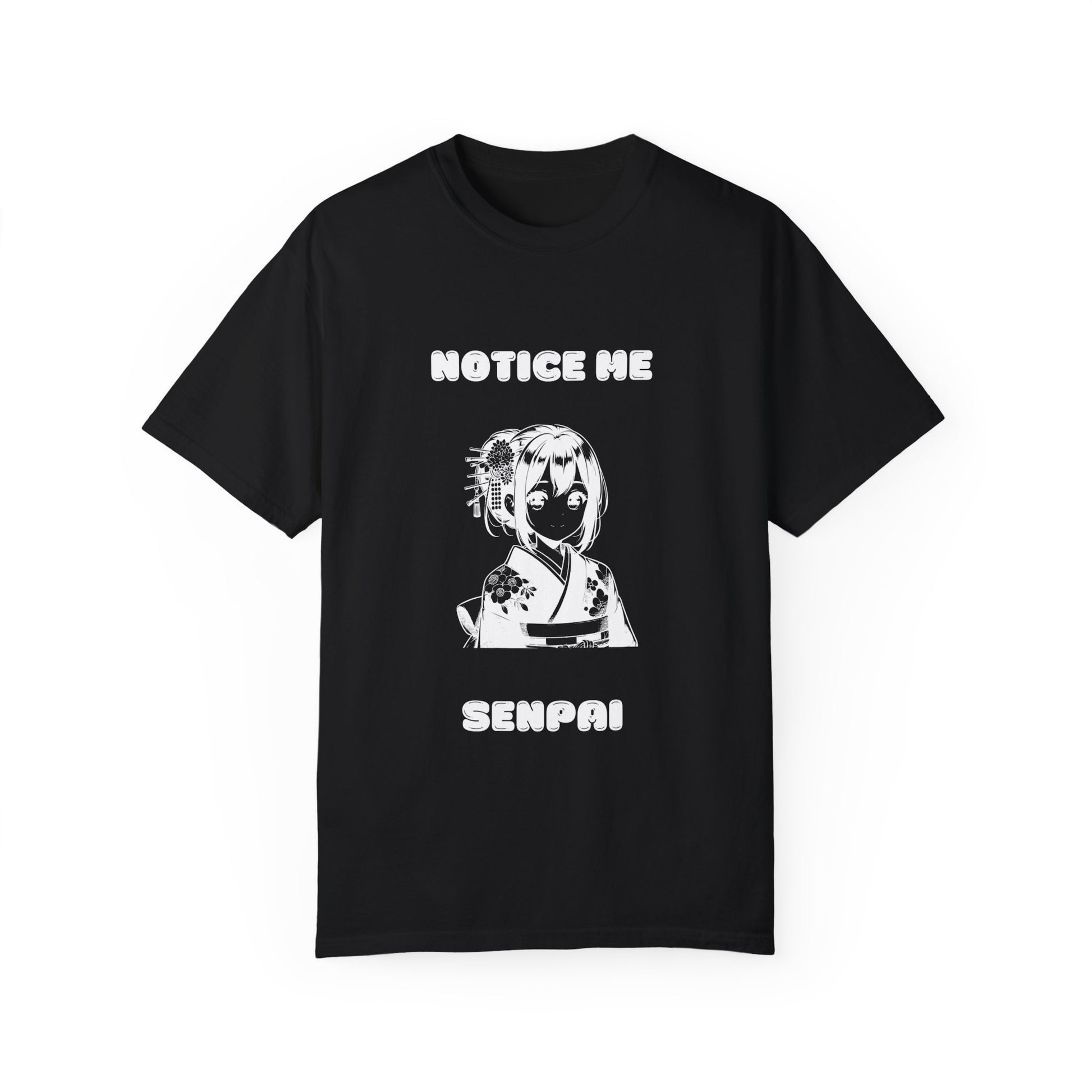 Printify black tee with white anime girl graphic and bold NOTICE ME SENPAI text anime meme notice me senpai clothing for adults