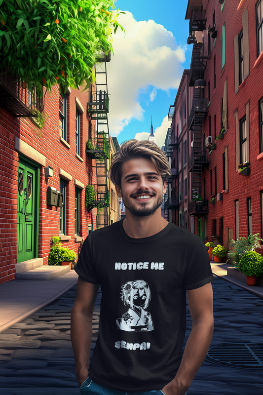 Adult man wearing black Printify T shirt with NOTICE ME SENPAI anime graphic anime meme notice me senpai clothing for adults
