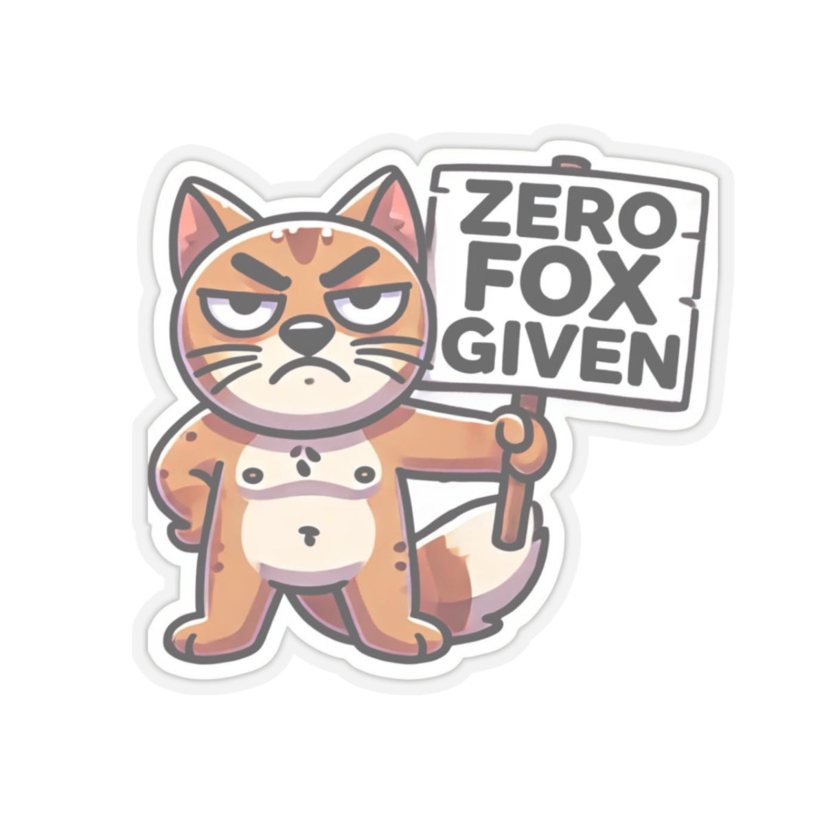 Printify sticker of an angry fox holding a ZERO FOX GIVEN sign cute sarcastic animal zero fox given pun sticker