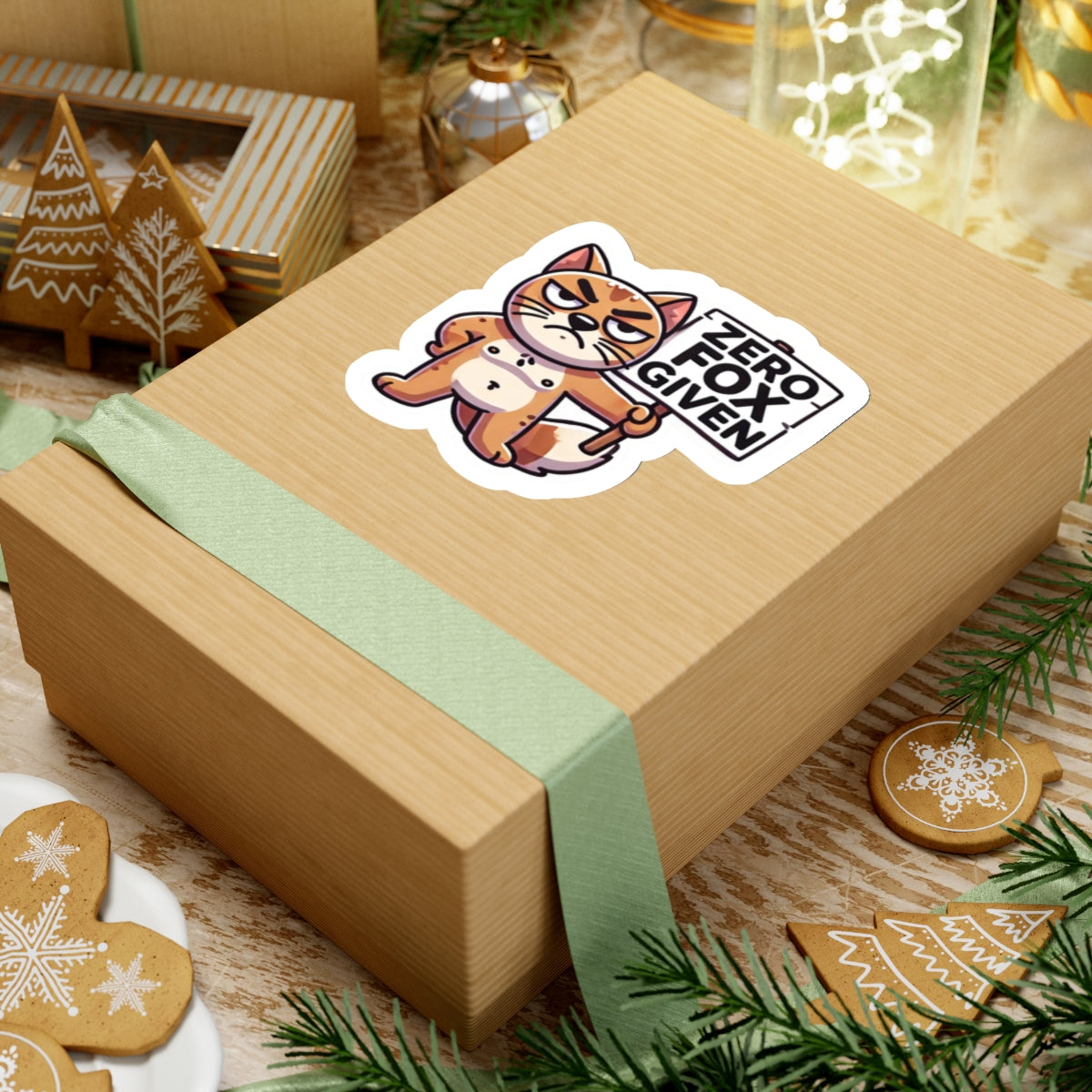 Grumpy cartoon fox sticker on kraft gift box featuring cute sarcastic animal zero fox given pun sticker ideal for gifts
