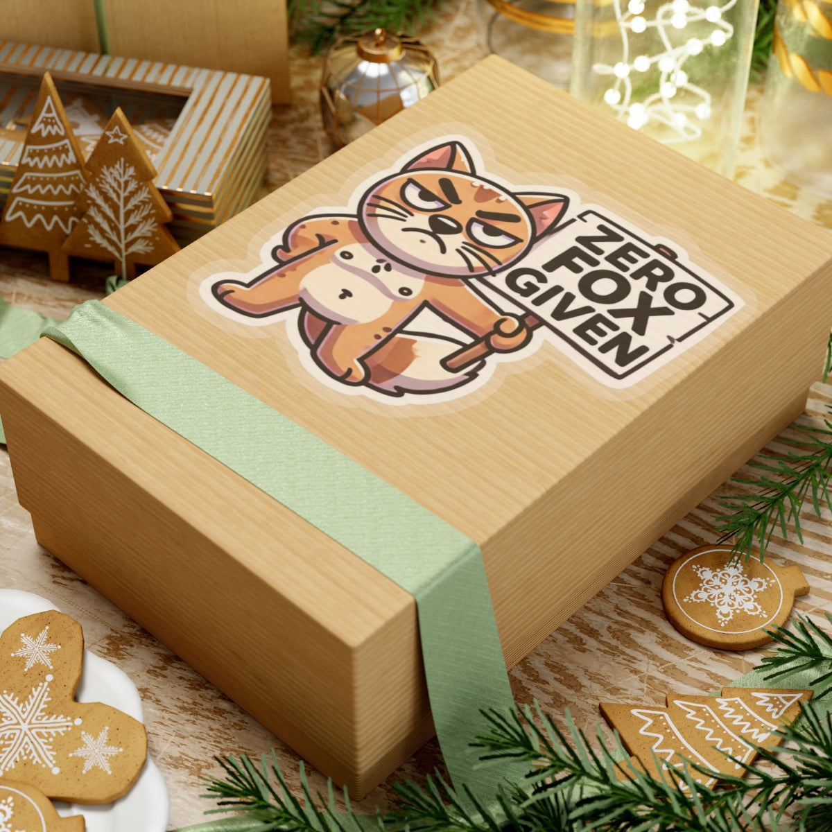 Printify sticker of a grumpy fox on a gift box reading ZERO FOX GIVEN cute sarcastic animal zero fox given pun sticker