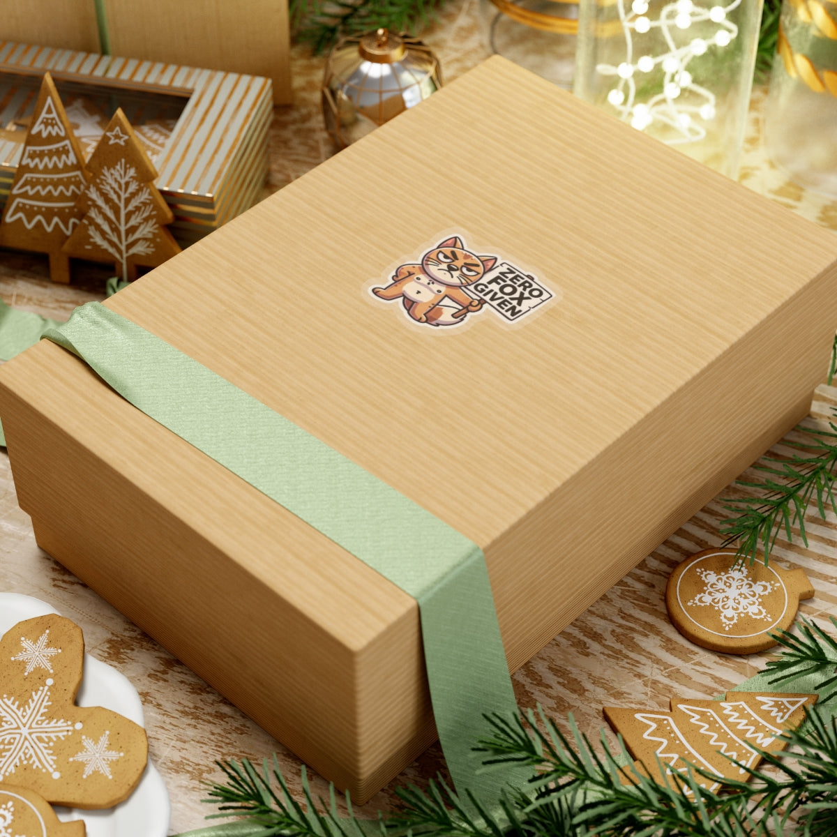 Printify kraft gift box with cute sarcastic animal zero fox given pun sticker showing cartoon fox for holiday packaging