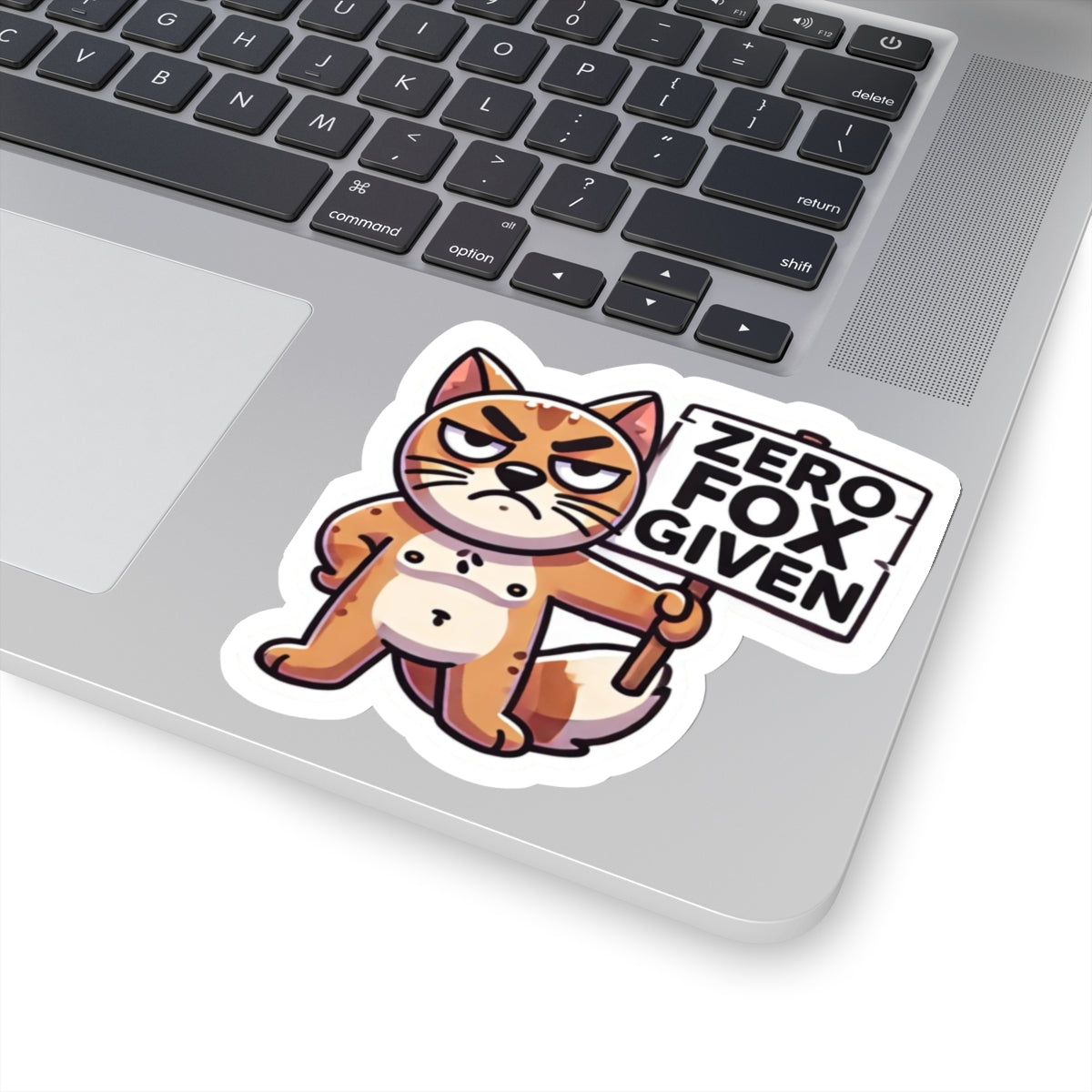 Printify cute sarcastic animal zero fox given pun sticker on laptop showing grumpy fox holding a zero fox given sign