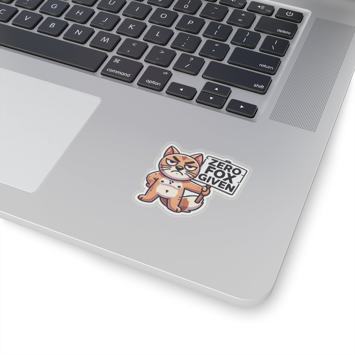 Printify laptop decal of grumpy orange fox holding sign cute sarcastic animal zero fox given pun sticker on silver laptop