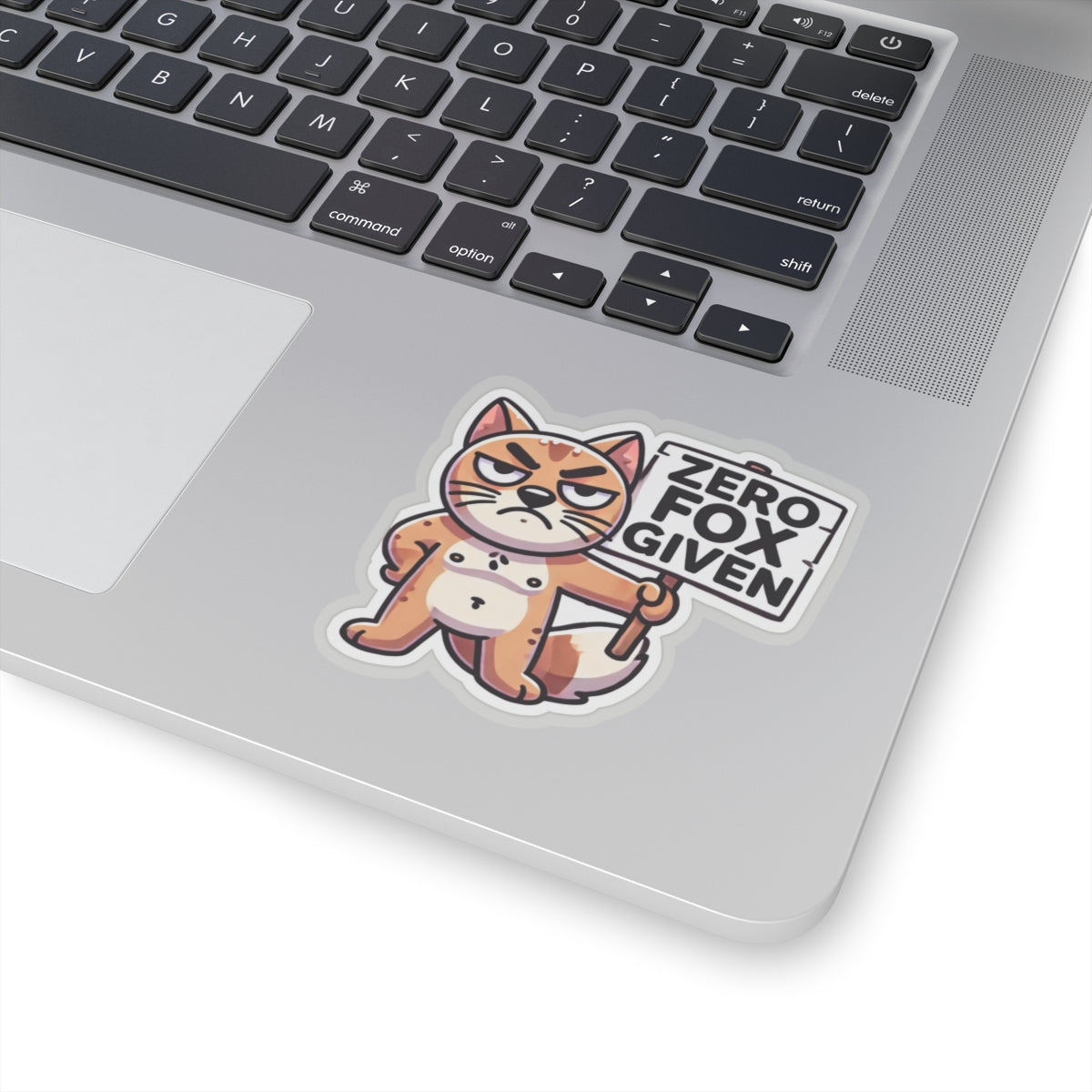 Printify paper products cute sarcastic animal zero fox given pun sticker of grumpy fox holding sign on laptop