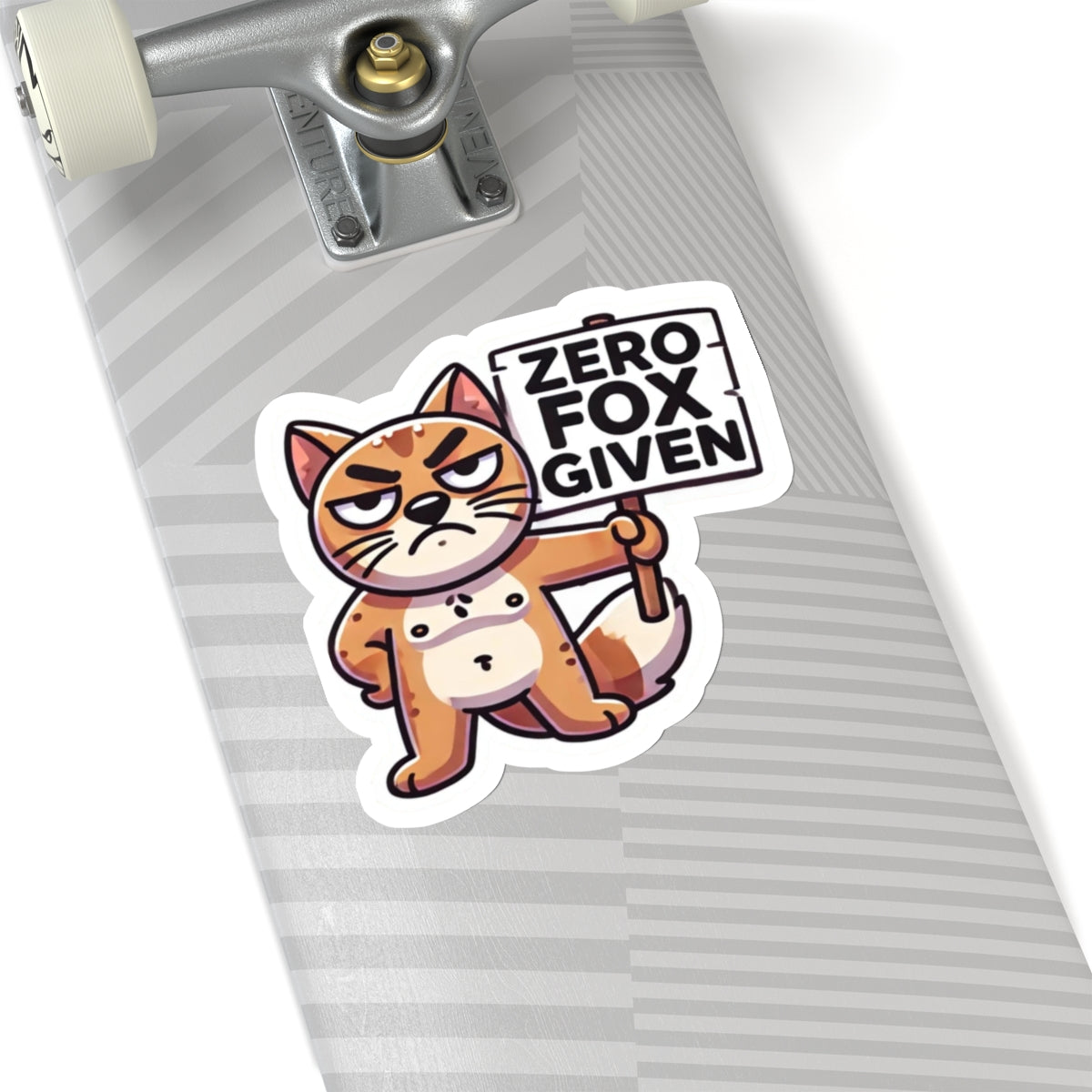 Printify sticker of grumpy cartoon fox holding ZERO FOX GIVEN sign on skateboard cute sarcastic animal zero fox given pun sticker