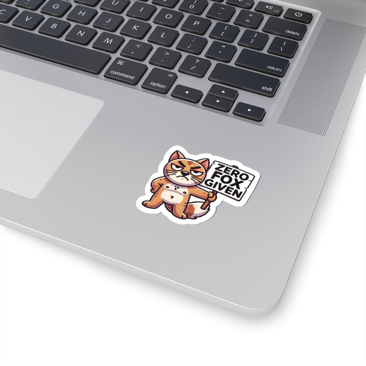 Printify paper sticker on laptop of grumpy cartoon fox with sign ZERO FOX GIVEN cute sarcastic animal zero fox given pun sticker