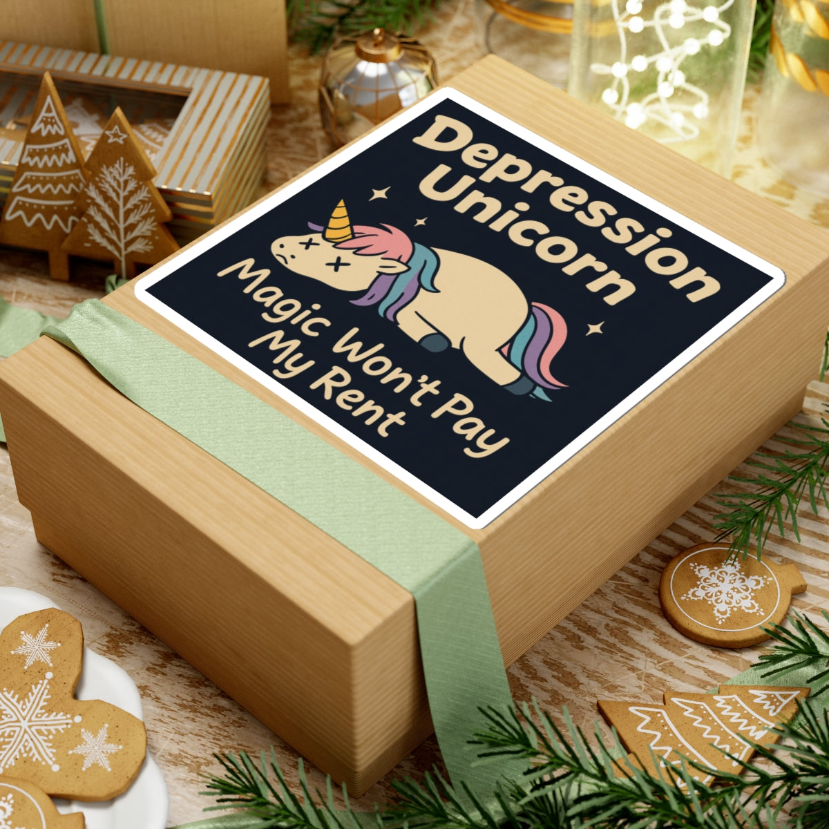 Funny cute unicorn art sticker on kraft gift box featuring a sleeping Depression Unicorn design Magic Wont Pay My Rent