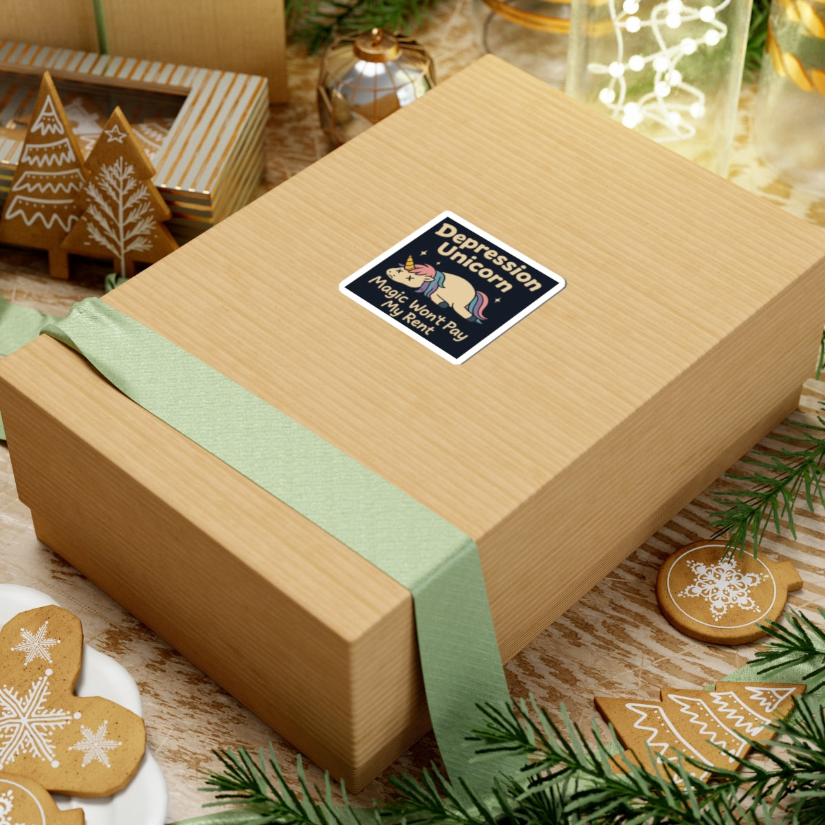 Funny cute unicorn art sticker on a kraft paper gift box with mint ribbon and holiday cookies nearby