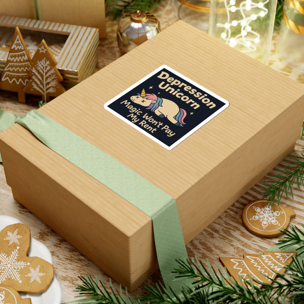 Funny cute unicorn art sticker on kraft gift box with green ribbon in holiday scene